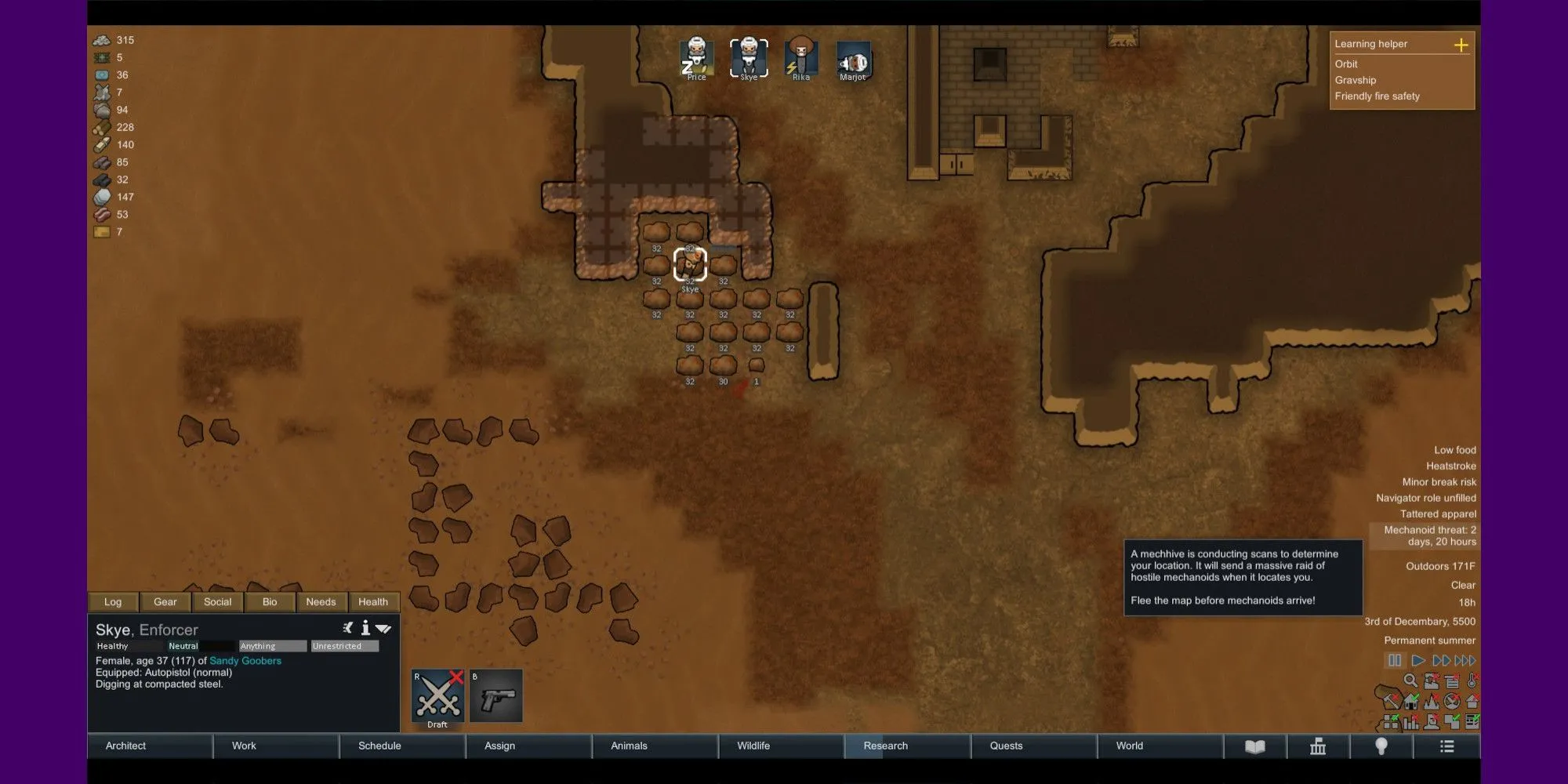 A colonist mining for steel as the player reads a warning about incoming mechanoids.