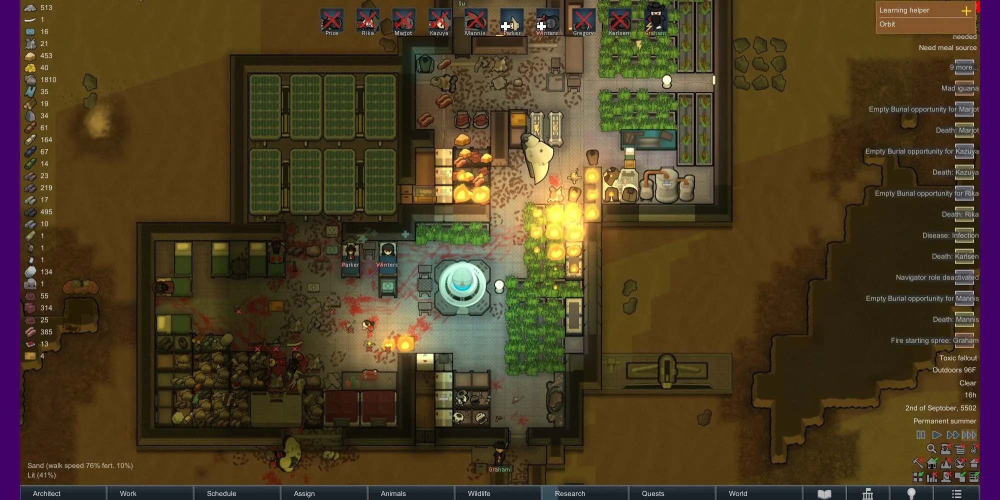 A colony about to collapse, with a spreading fire and several dead colonists and mechanoids around.