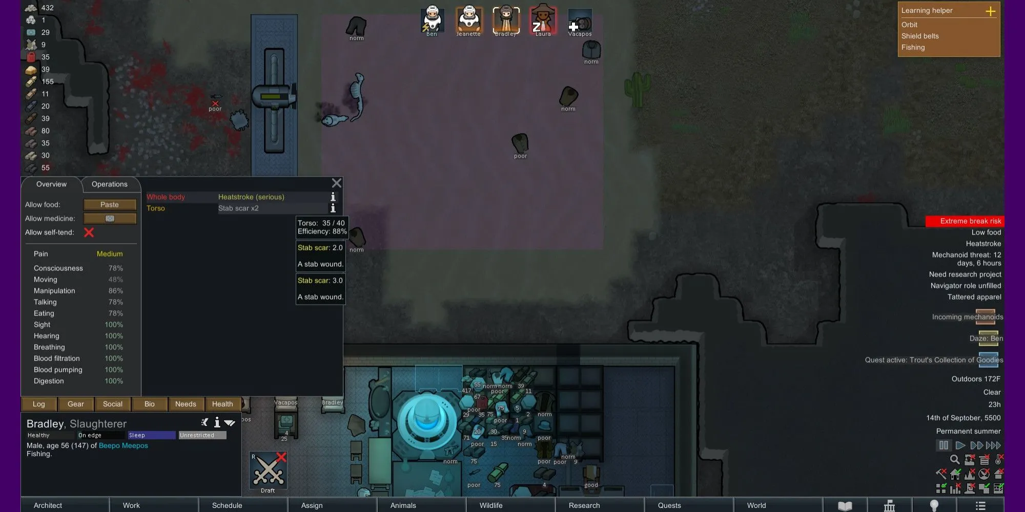 A player examining the effects of two stab scars on their colonist.