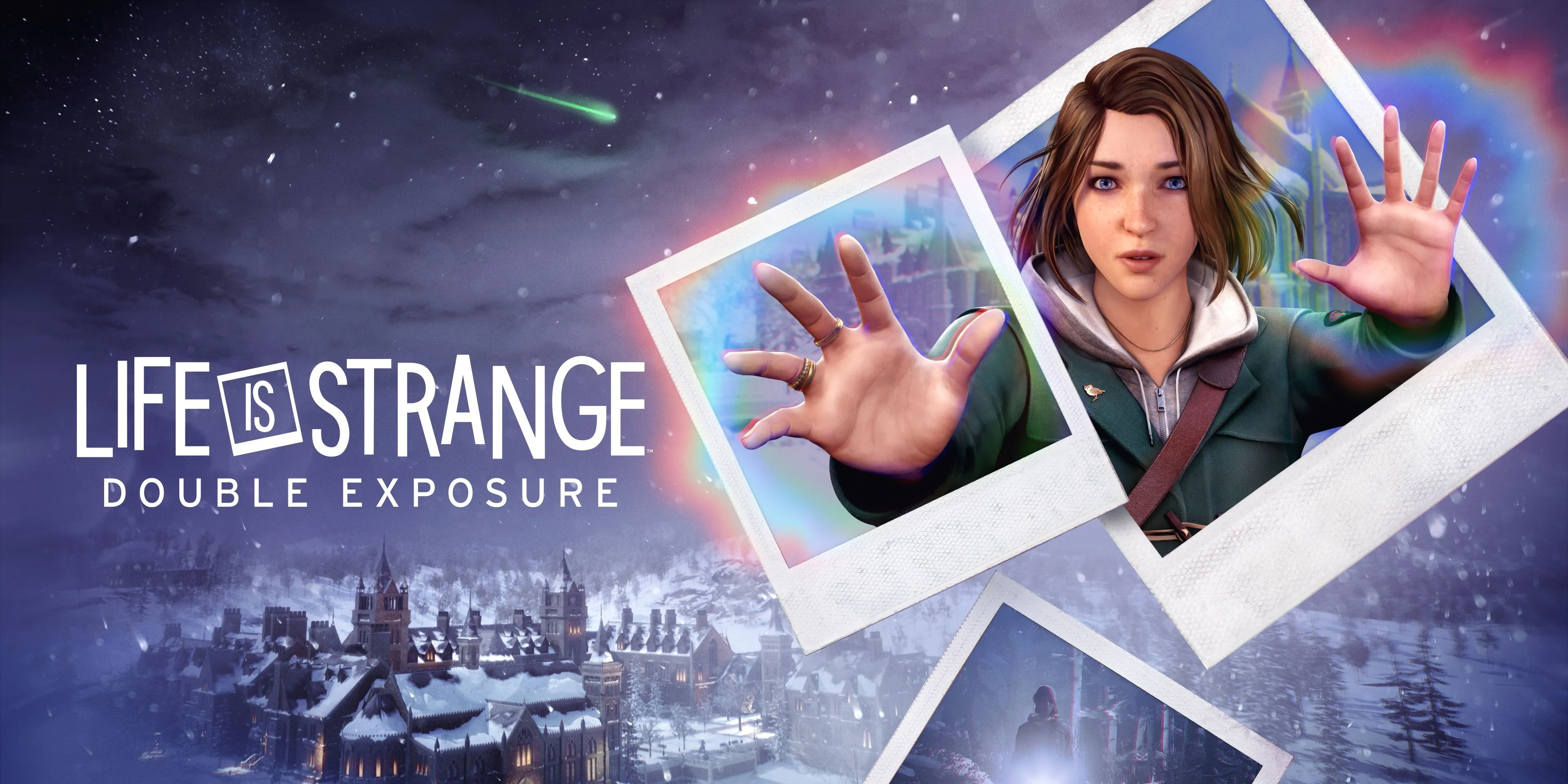 Ảnh bìa chính thức của Life Is Strange: Double Exposure với Max Caulfield cầm máy ảnh, bao quanh bởi hiệu ứng ánh sáng bí ẩn thể hiện khả năng xuyên không gian