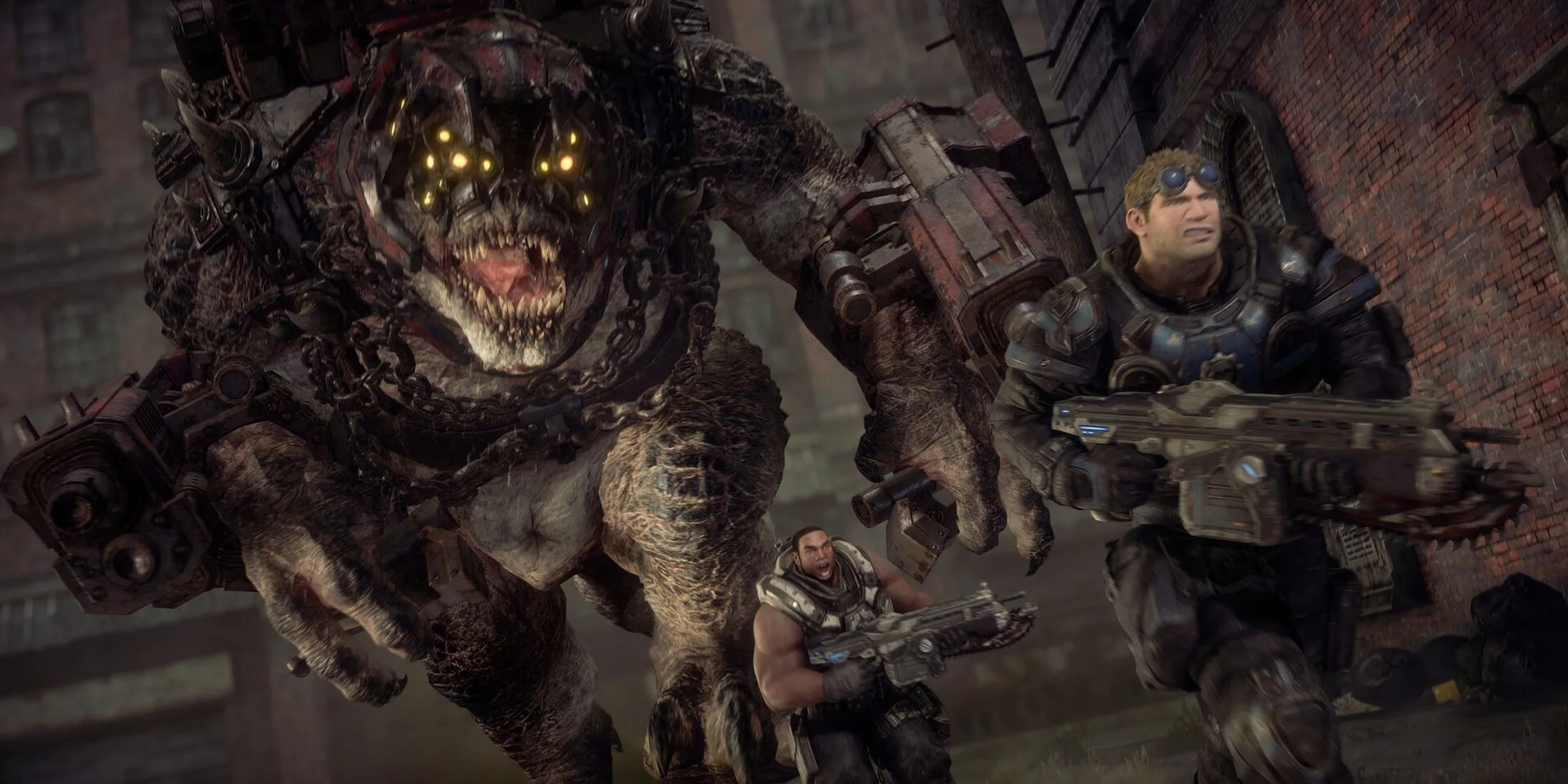 Baird và Cole chạy trốn khỏi một quái vật khổng lồ trong Gears of War