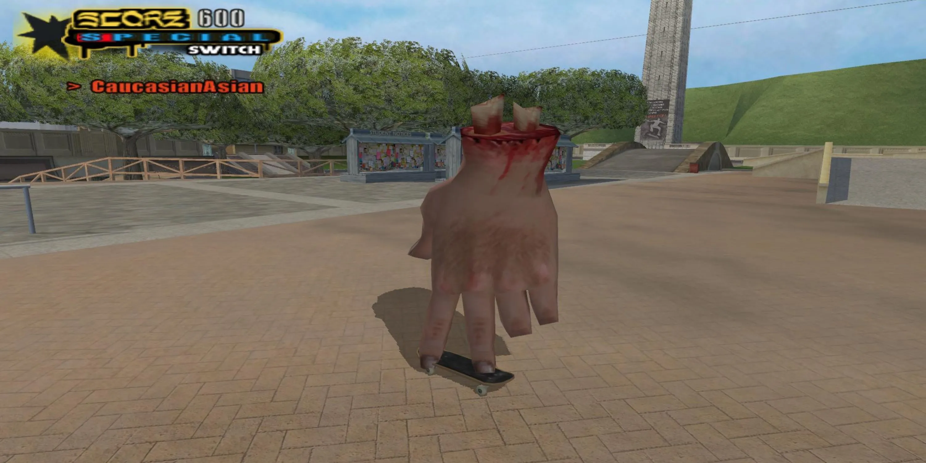 Bàn tay &quot;The Hand&quot; điều khiển ván trượt trong Tony Hawk's Underground 2, gợi nhớ đồ chơi Tech Decks.