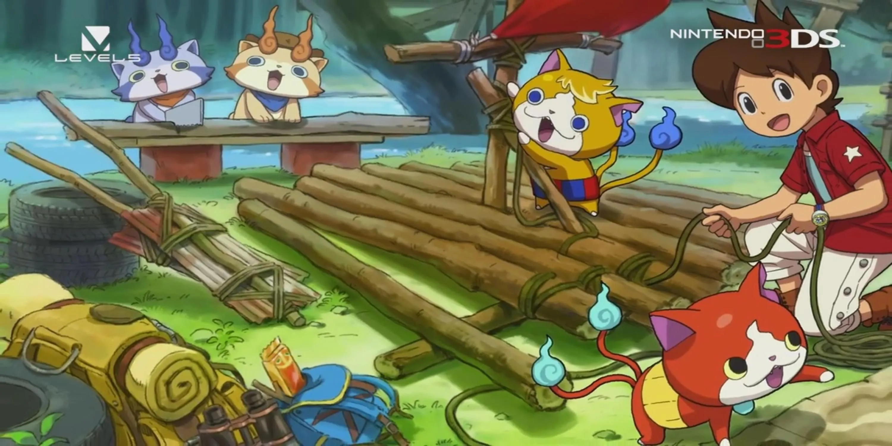 Bé trai nhân vật chính đang đóng bè gỗ cùng những chú mèo đáng yêu trong Yo-kai Watch 3
