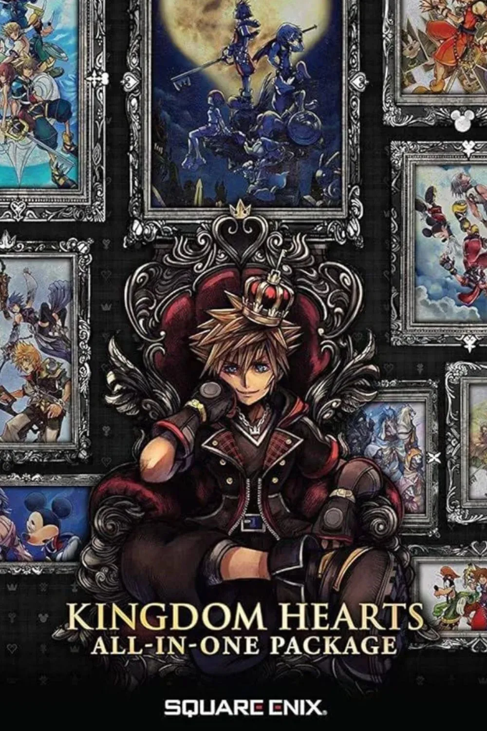 Bìa game Kingdom Hearts All-in-One Package với Sora, Donald Duck và Goofy, đại diện cho sự giao thoa Disney và Final Fantasy.