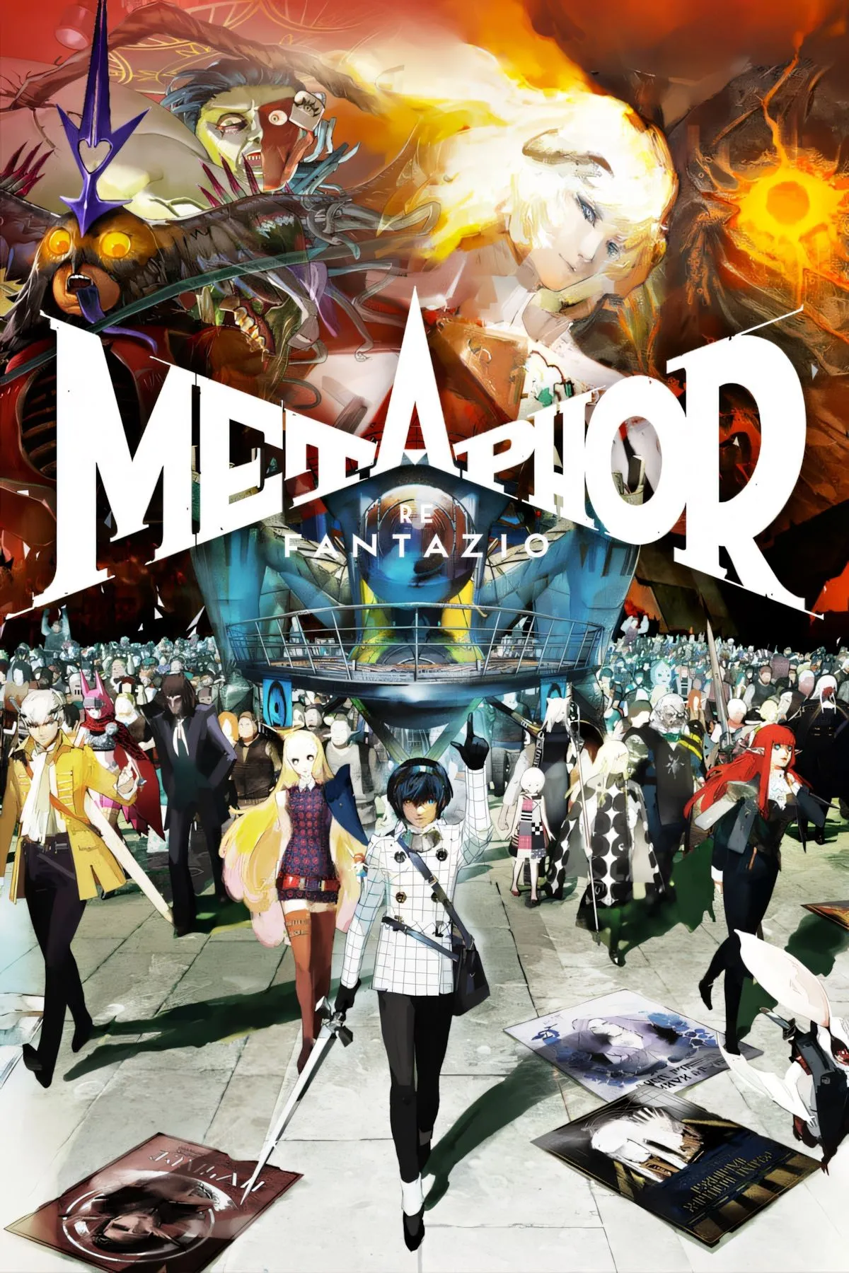 Bìa game Metaphor ReFantazio với nhóm nhân vật đa dạng và logo rực rỡ, hứa hẹn cuộc phiêu lưu giả tưởng hoành tráng.
