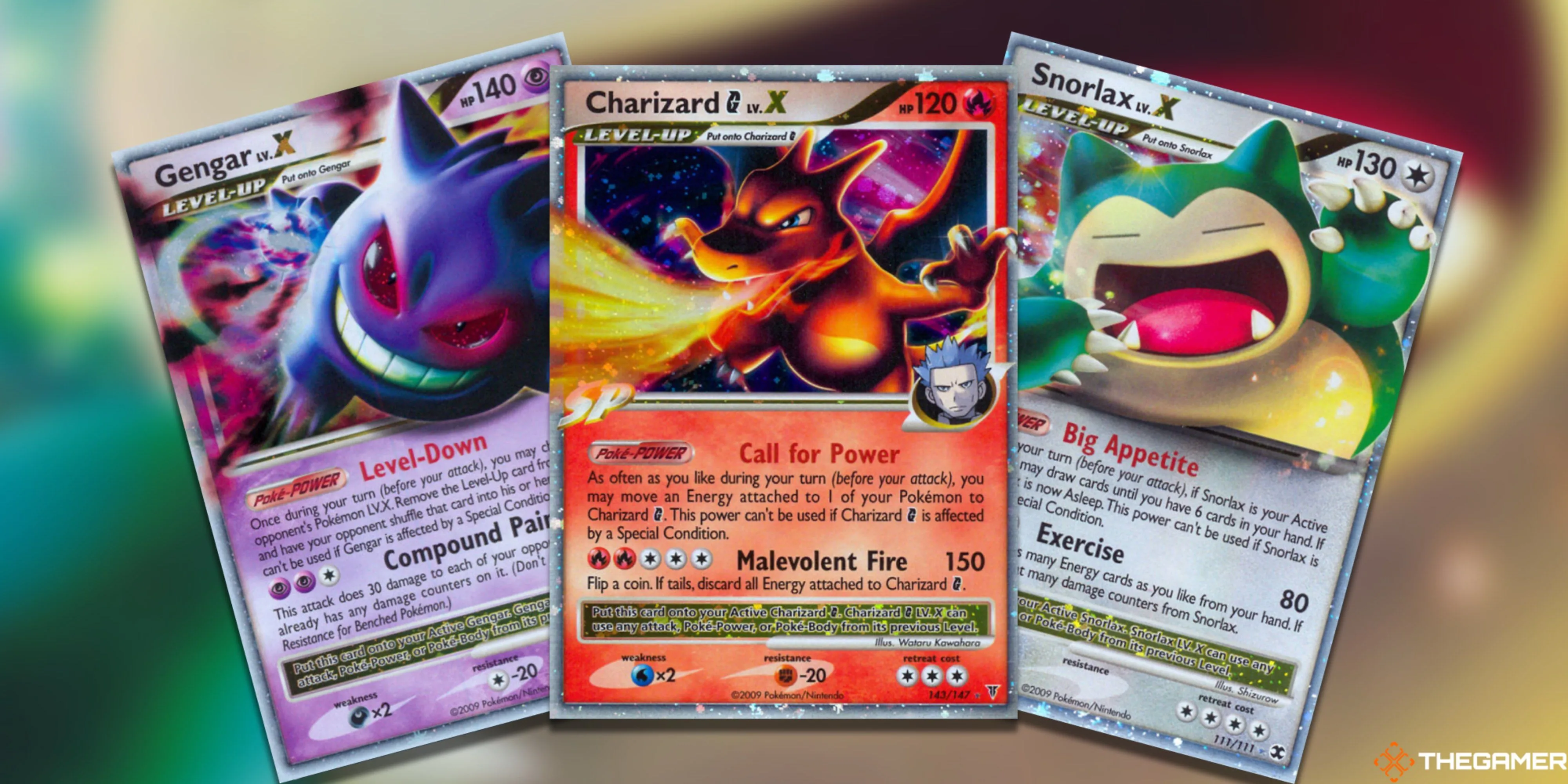 Bộ ba thẻ bài LV.X Gengar, Charizard G, Snorlax từ Pokemon TCG