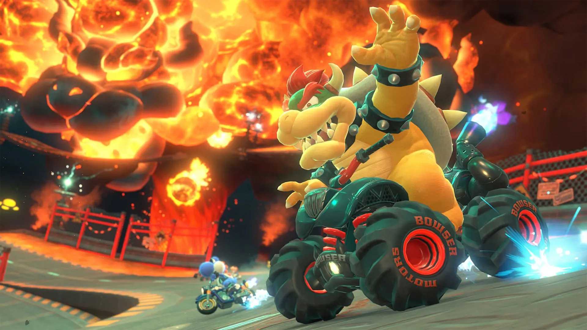 Bowser phun lửa trong Mario Kart World, thể hiện sức mạnh và sự hỗn loạn của trận chiến