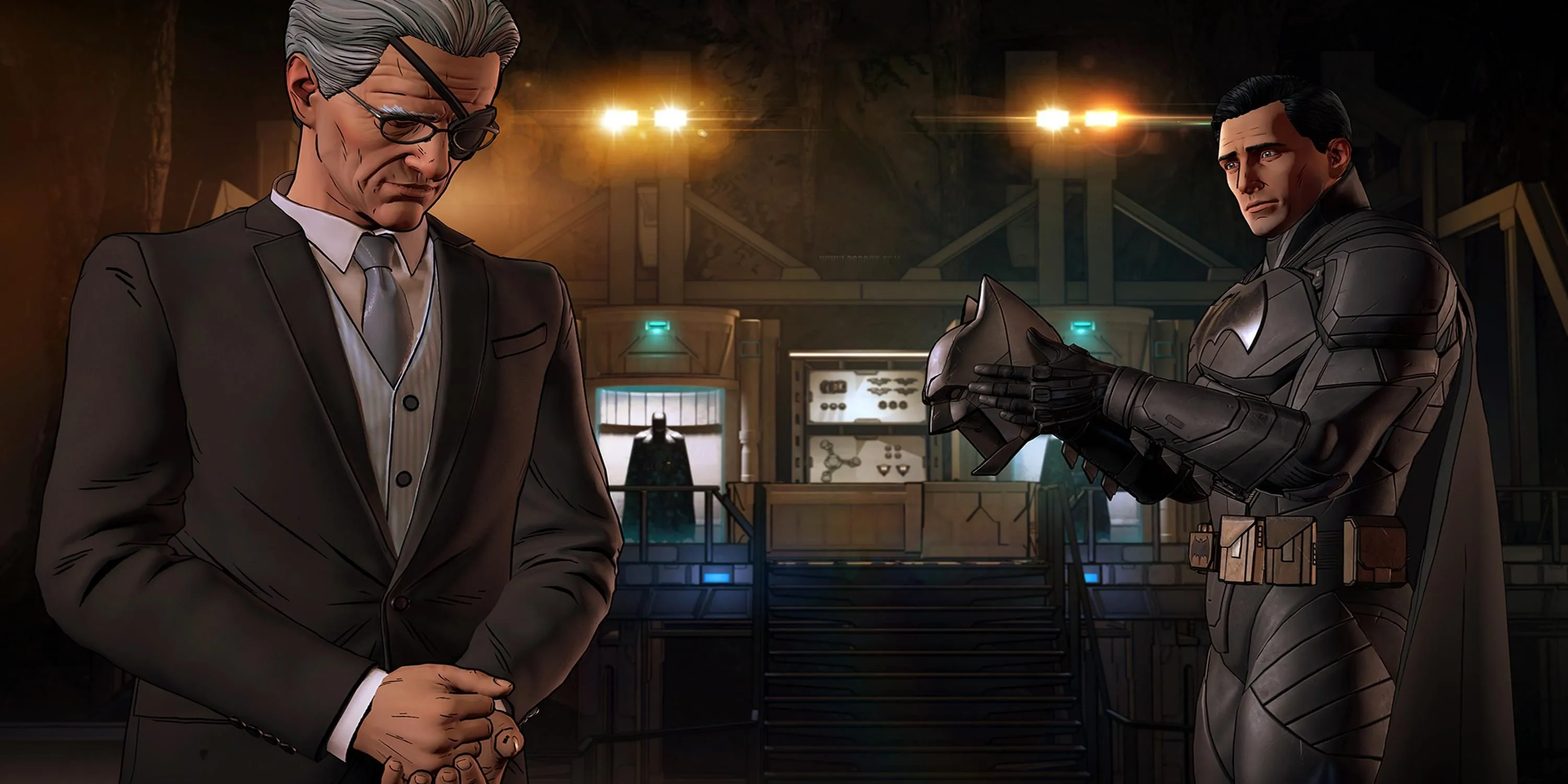 Bruce Wayne và Alfred thảo luận về kế hoạch trong Batman The Enemy Within
