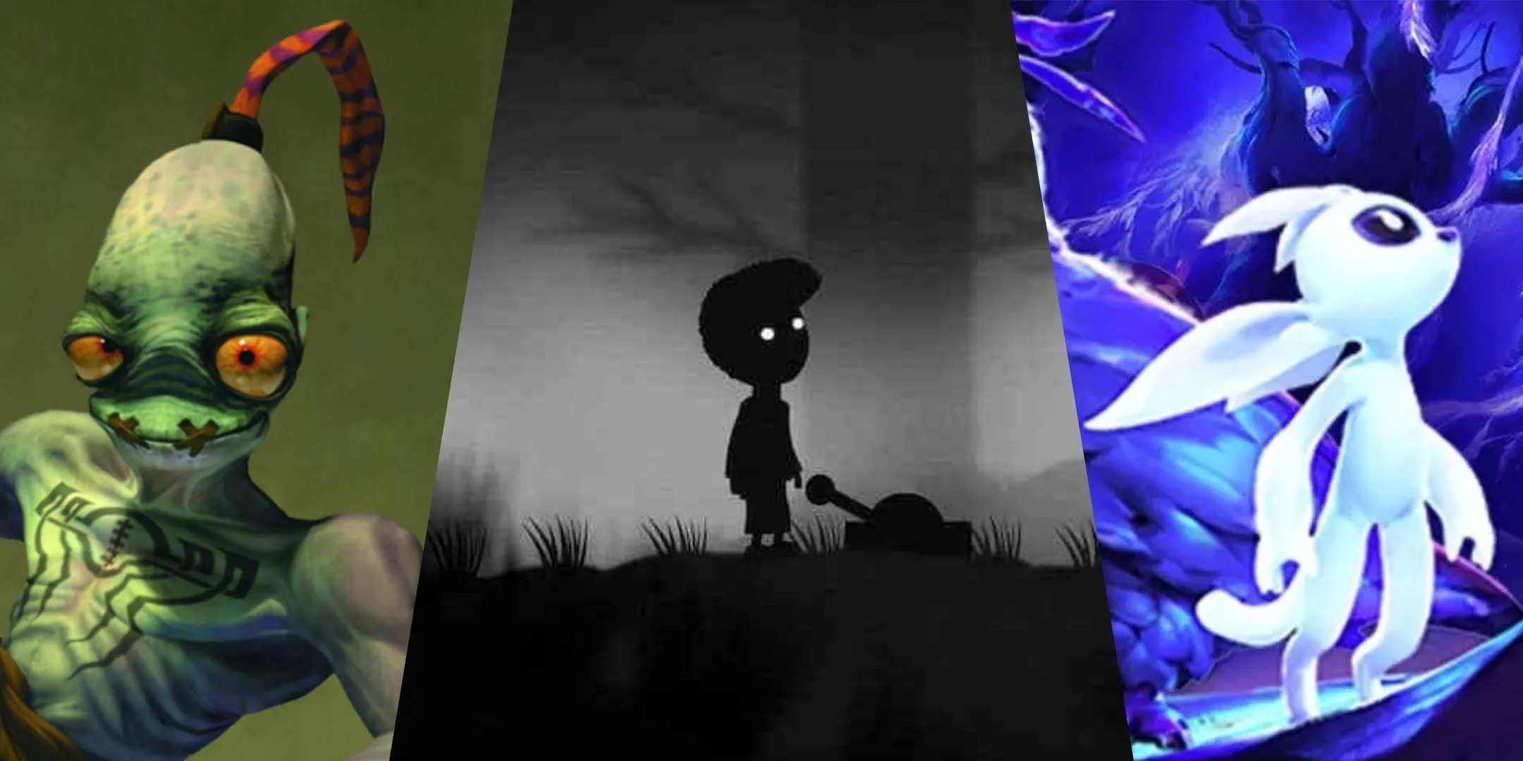Các nhân vật và bối cảnh đặc trưng từ Oddworld: Abe's Oddysee, Limbo và Ori and the Will of the Wisps, những tựa game platformer nổi bật.
