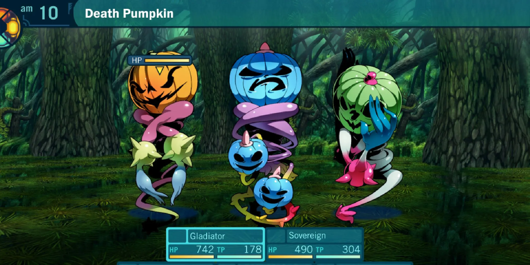 Cảnh chiến đấu kịch tính với quái vật Death Pumpkin trong Etrian Odyssey HD