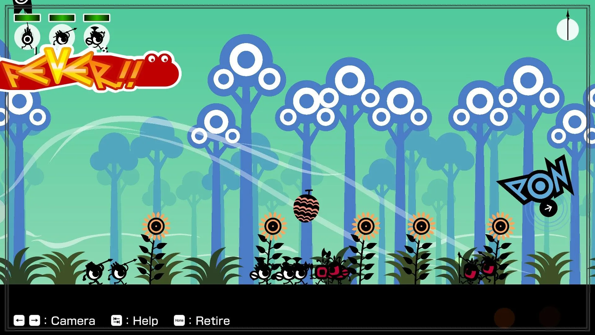 Cảnh gameplay Patapon 1+2 Replay với các chiến binh Patapon đang di chuyển theo nhịp điệu.