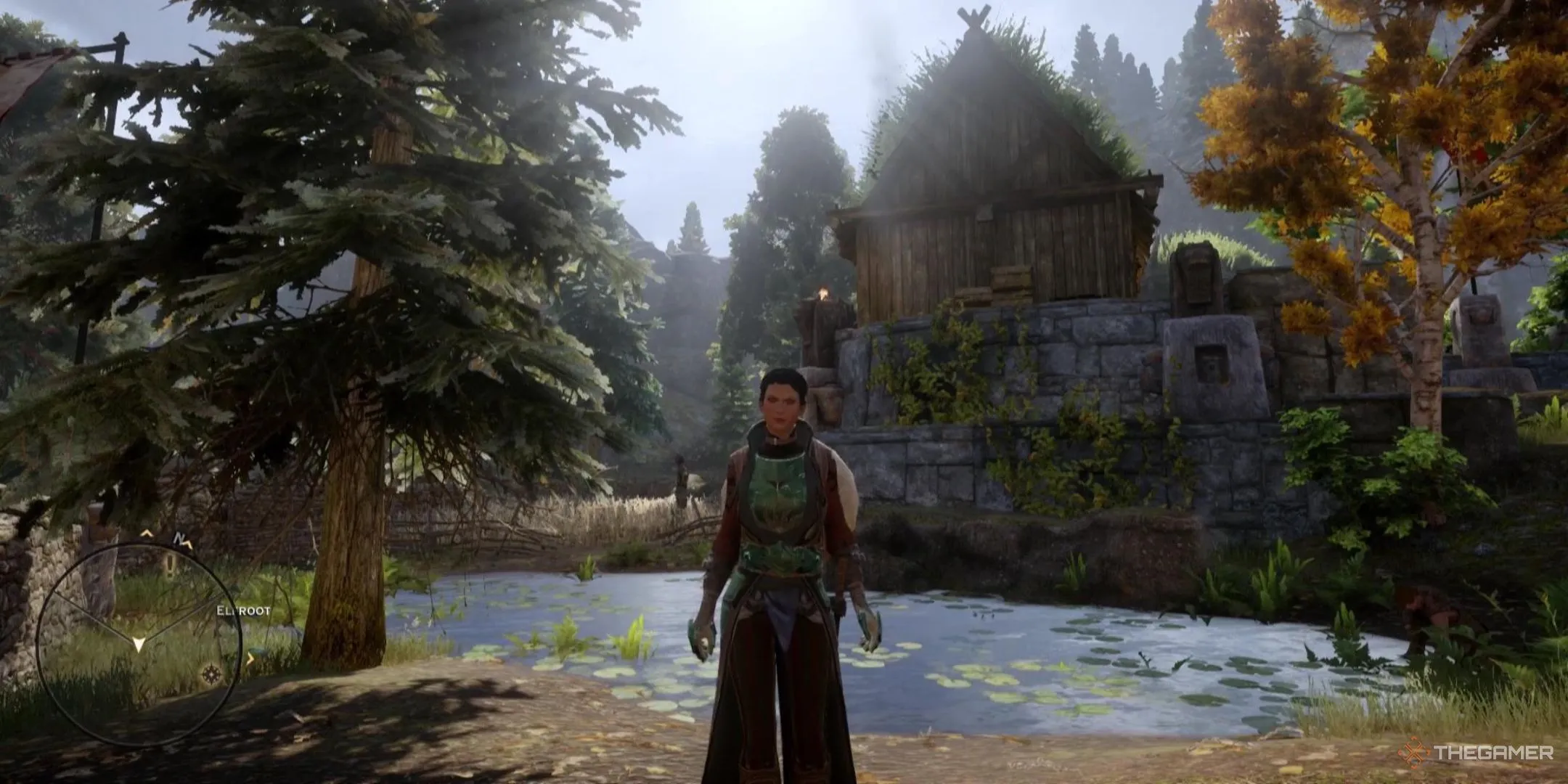 Cassandra trong Dragon Age: Inquisition đứng trước ao nước và tòa nhà gỗ, minh họa nhiệm vụ thu thập vật phẩm.