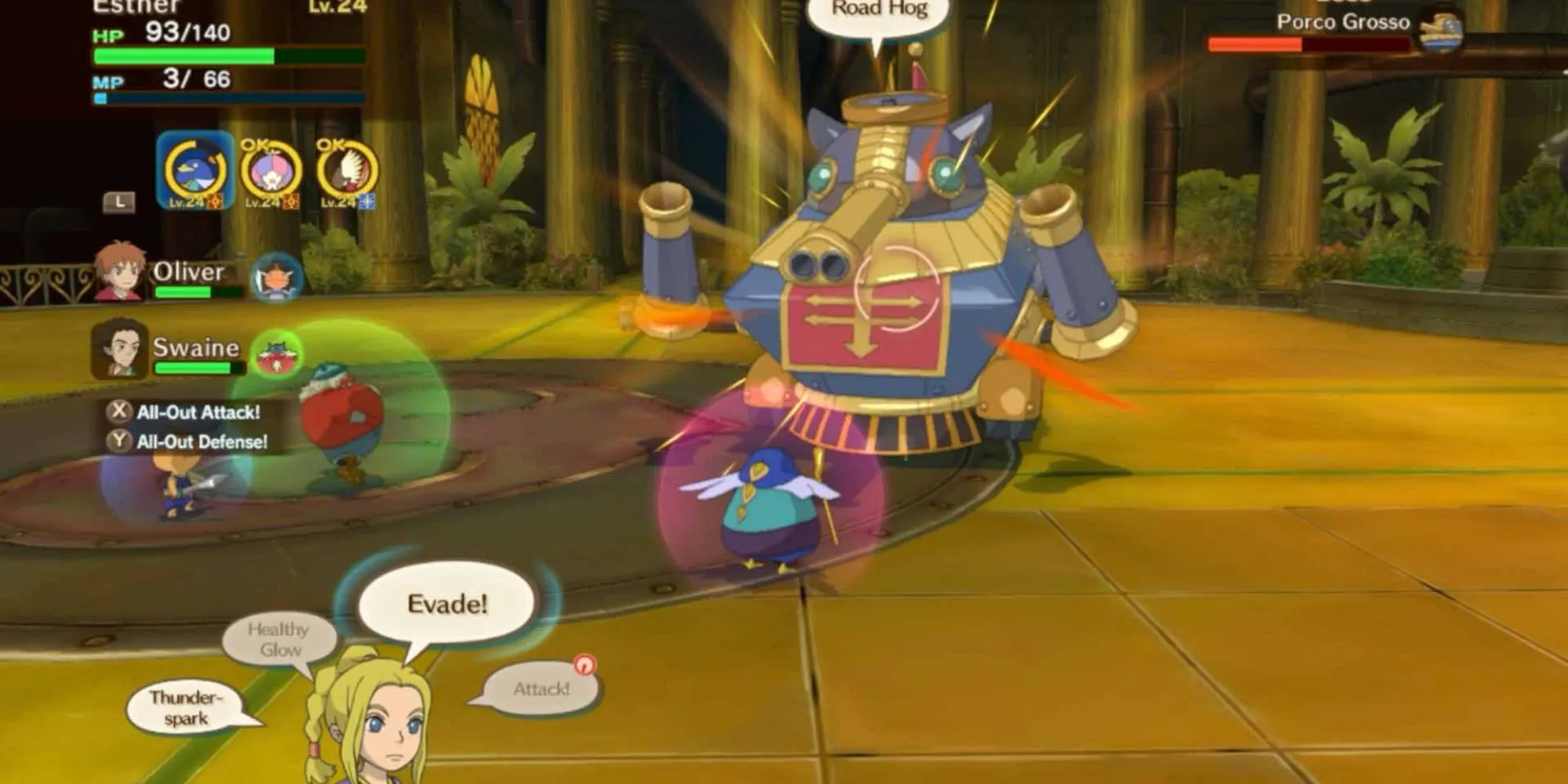 Cậu bé Oliver và linh thú Familiar của mình chiến đấu với robot trong Ni no Kuni: Wrath of the White Witch
