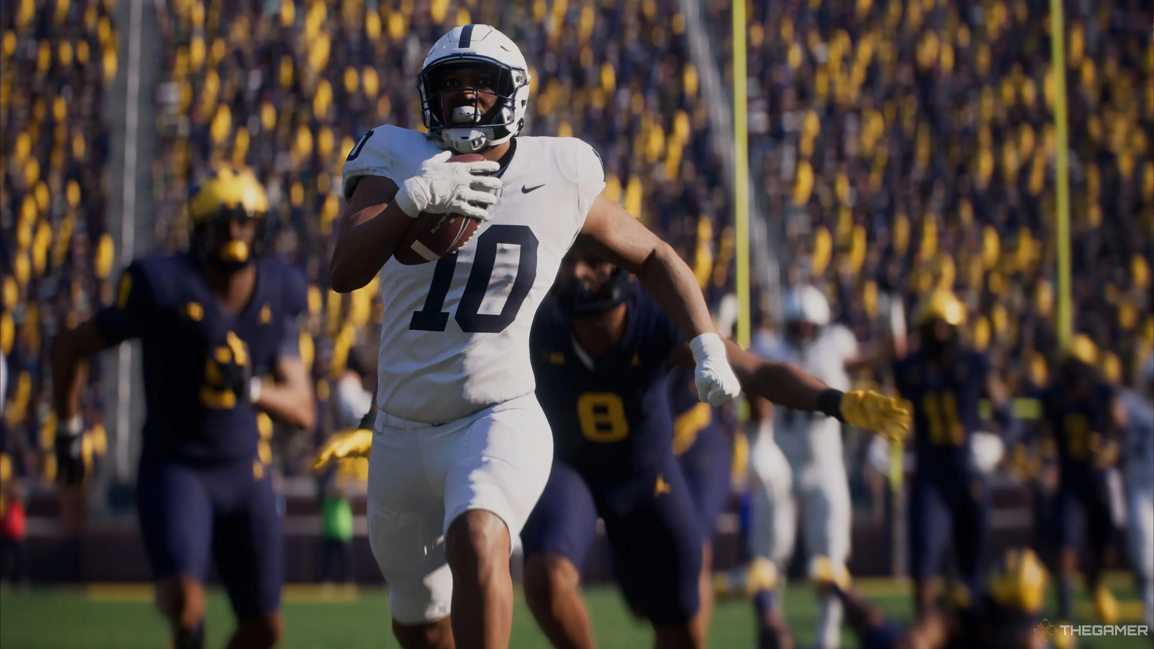 Cầu thủ chạy vượt qua hậu vệ đối phương trong College Football 26, thể hiện pha di chuyển đầy năng lượng có thể đồng điệu với nhạc nền sôi động.