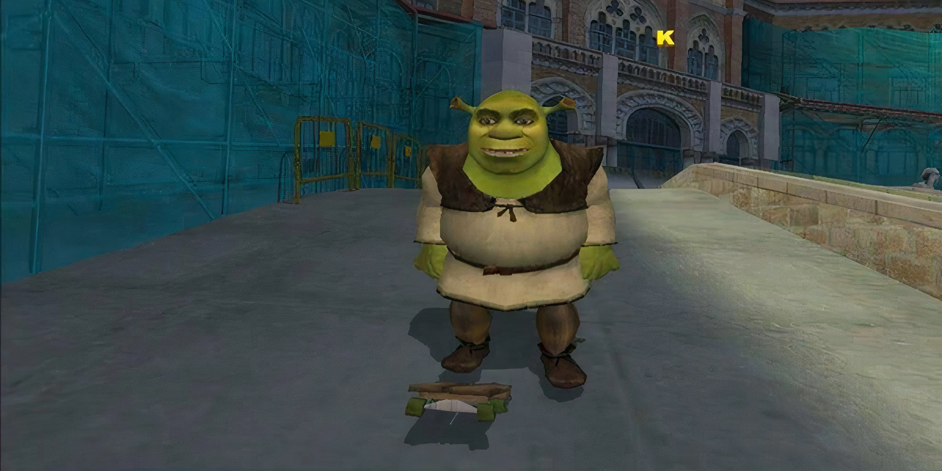 Chàng chằn tinh Shrek đứng trên ván trượt, sẵn sàng biểu diễn trong Tony Hawk's Underground 2.