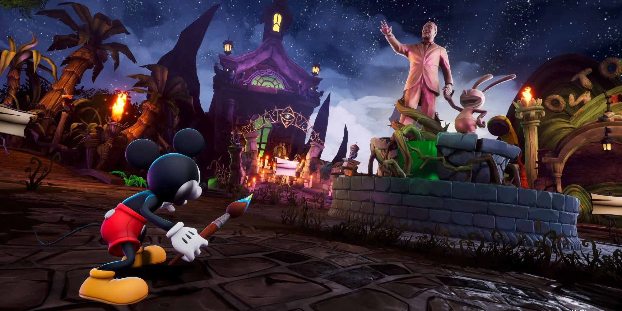 Chuột Mickey cầm cọ vẽ trong thế giới đổ nát của Epic Mickey Rebrushed, gợi nhớ về hành trình phục hồi Wasteland