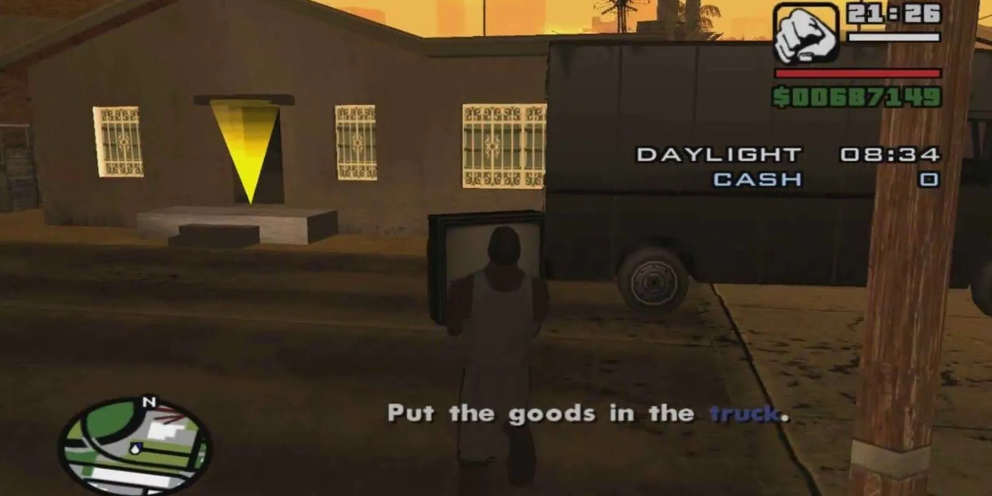 CJ đang vác TV bị đánh cắp trong Grand Theft Auto San Andreas, ví dụ cho nhiệm vụ lén lút vụng về.