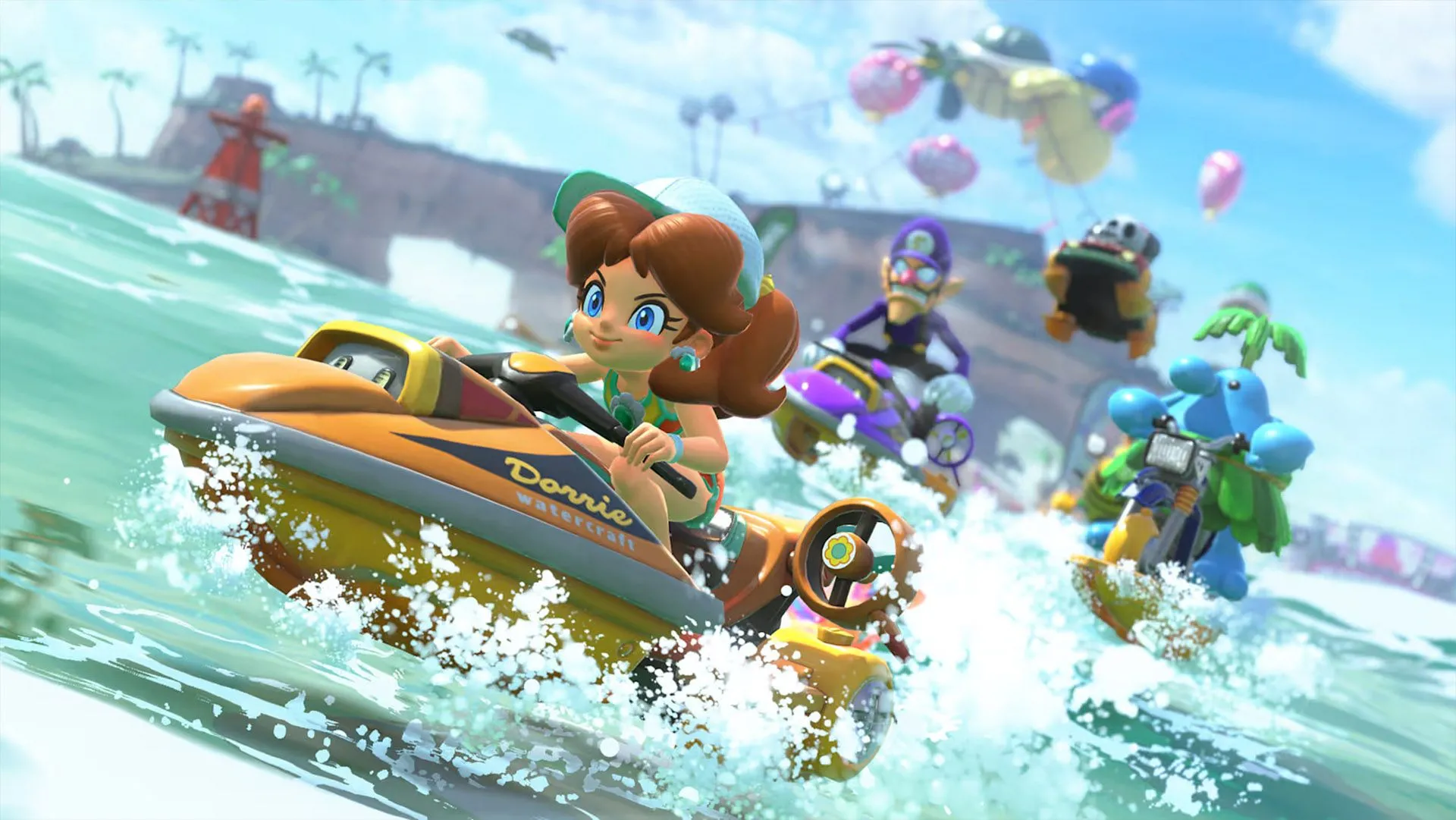 Daisy lướt trên mặt nước với chiếc Sea-Doo trong một cuộc đua Mario Kart World