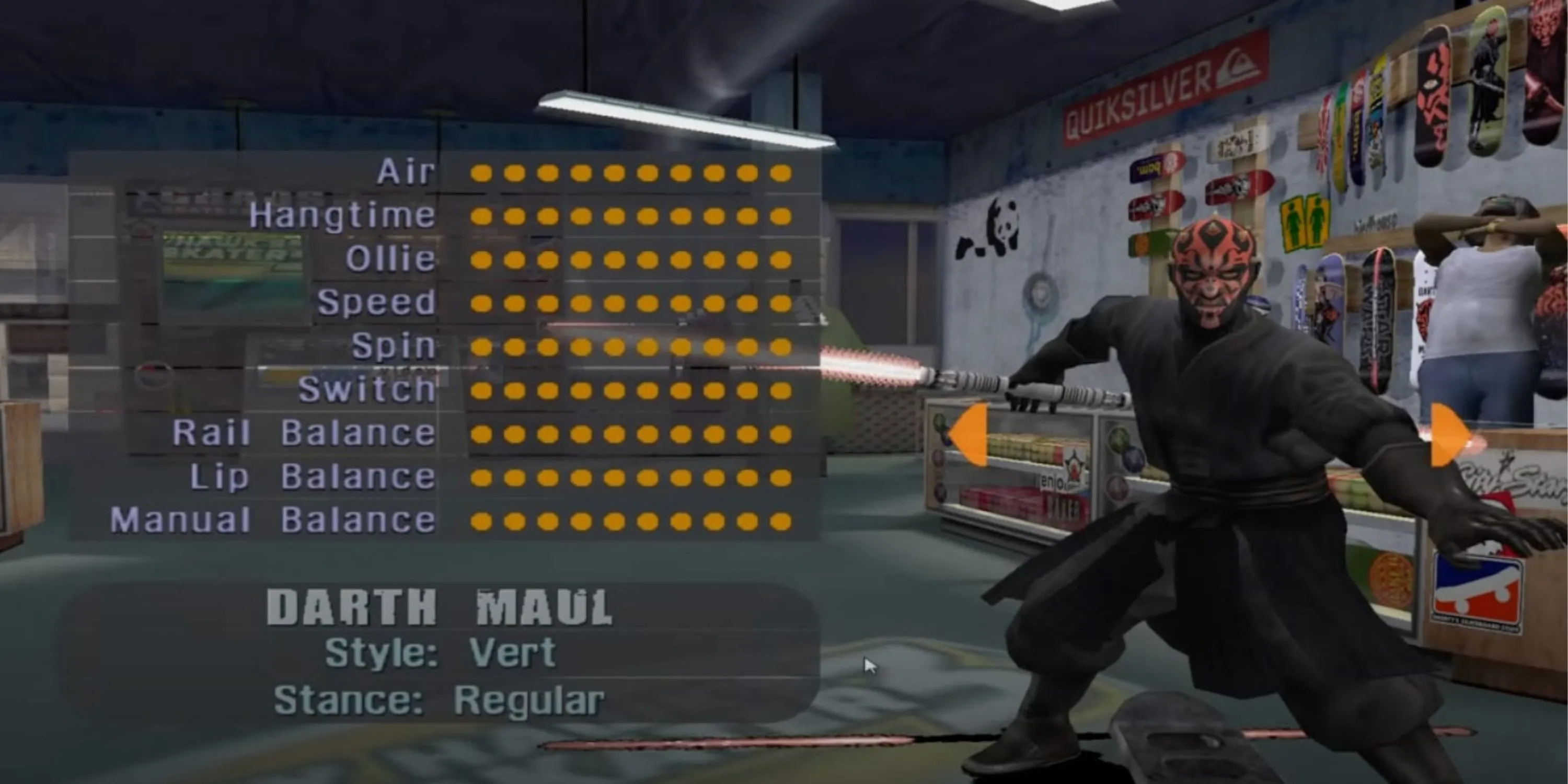 Darth Maul, nhân vật phản diện Star Wars, đứng cạnh bảng chỉ số trong cửa hàng ván trượt của Tony Hawk's Pro Skater 3.