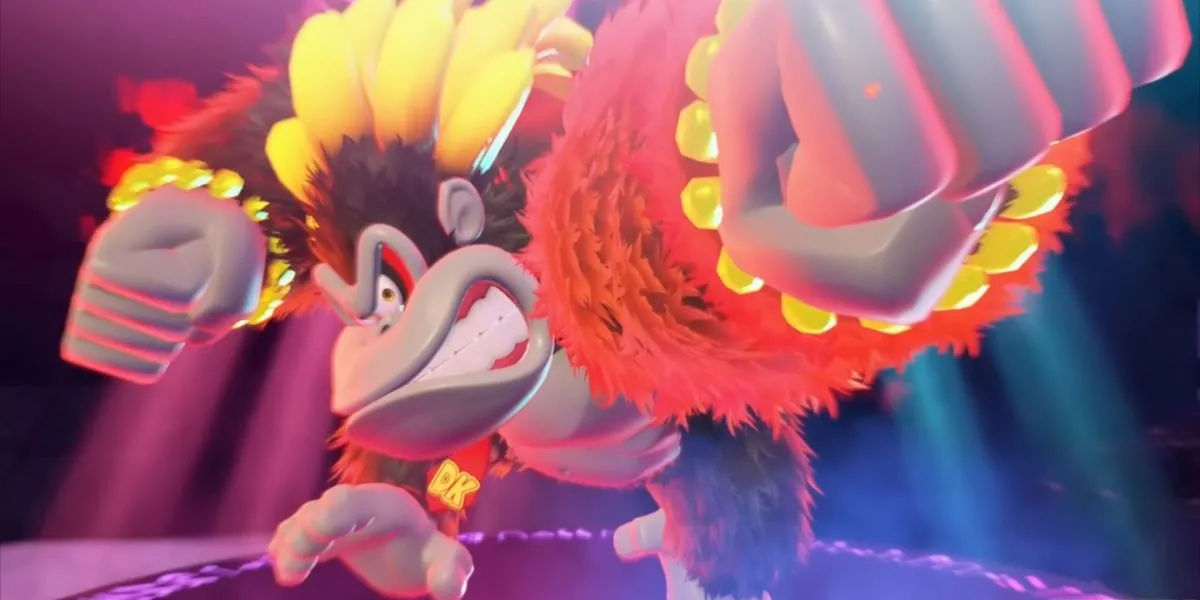 Donkey Kong biến hình thành Kong Bananza khổng lồ, sẵn sàng phá vỡ những khối đá kiên cố bằng sức mạnh phi thường.