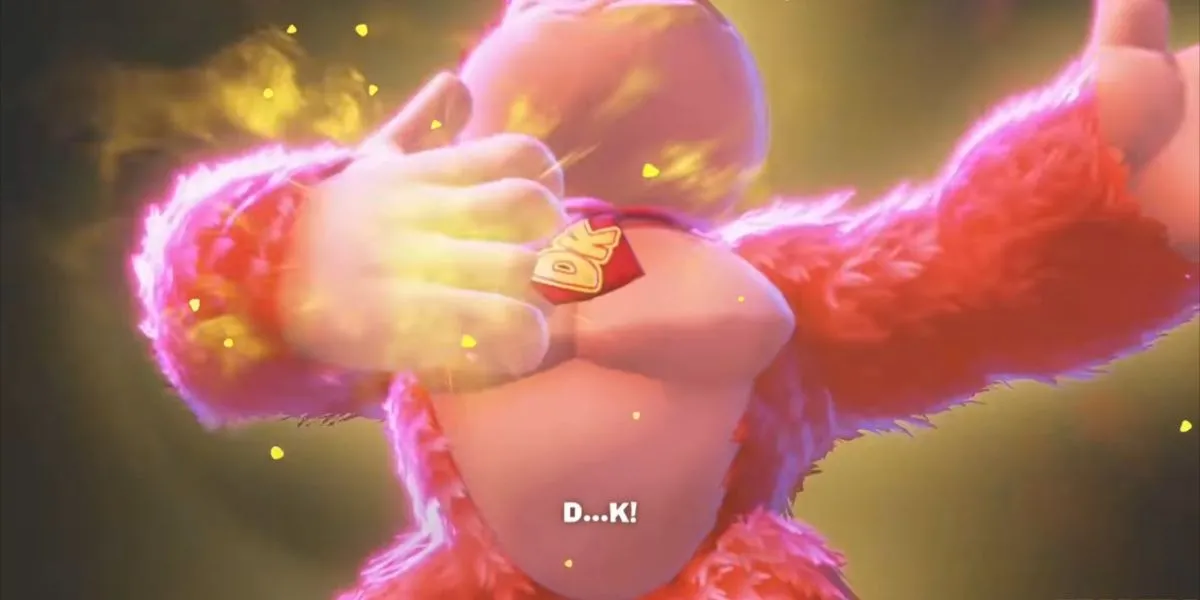 Donkey Kong đập mạnh vào ngực, kích hoạt sức mạnh Bananza Power và biến đổi hình dạng đầy ấn tượng.