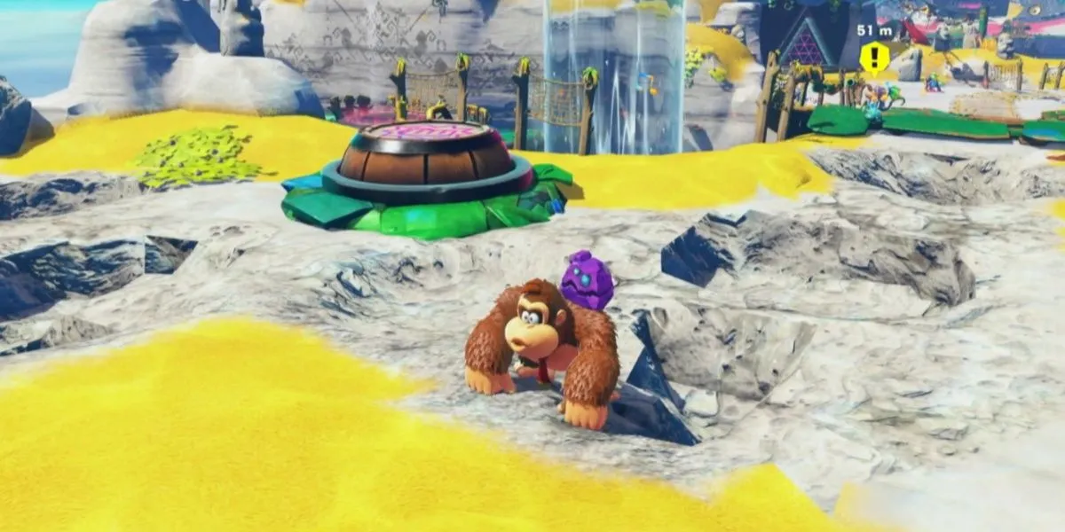 Donkey Kong huýt sáo, tạo ra những nốt nhạc lấp lánh dẫn lối, giúp người chơi tìm đường và chữa lành môi trường.