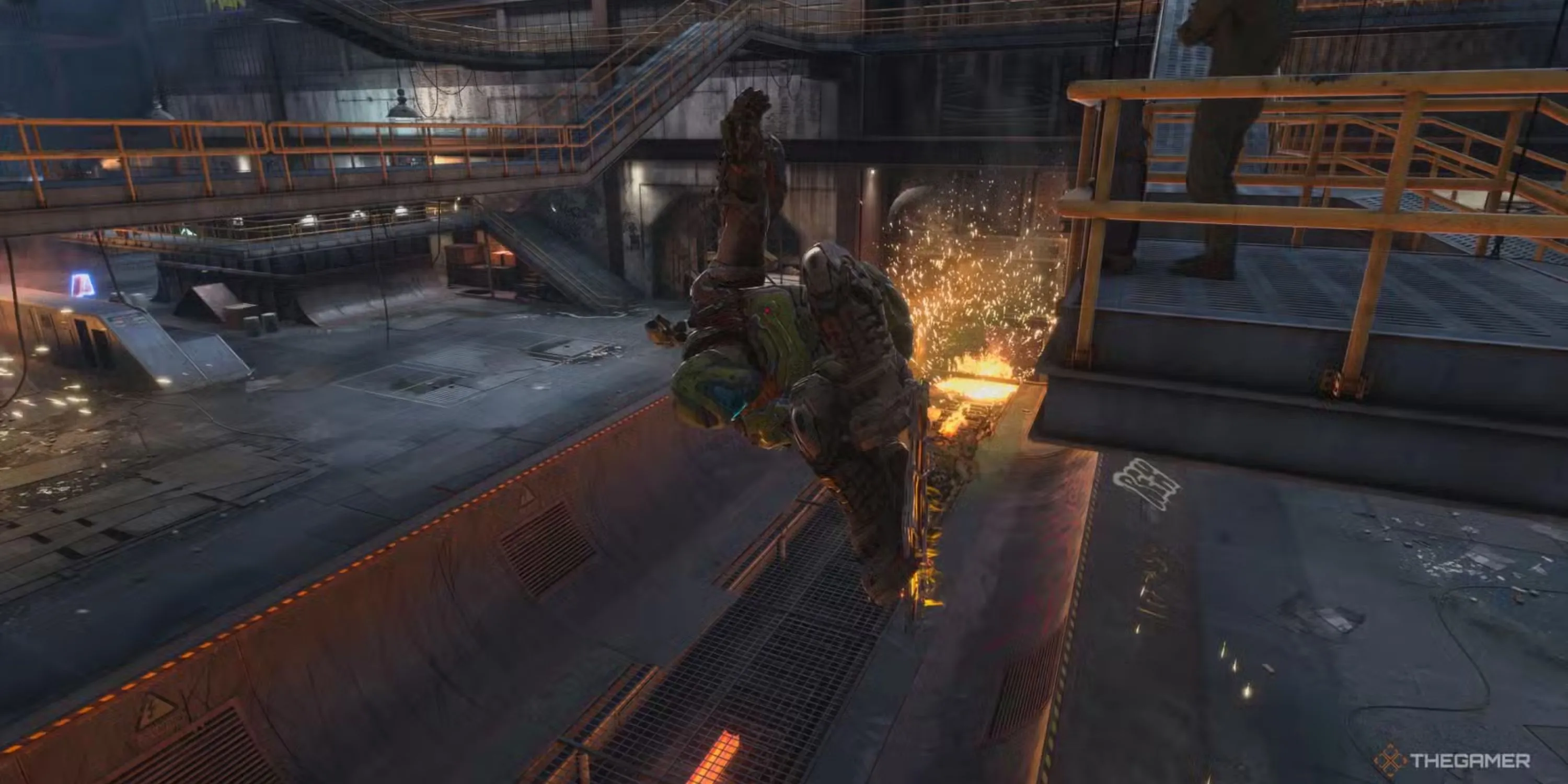 Doom Slayer thực hiện cú trick &quot;melon grab&quot; từ một con dốc trong màn chơi Foundry của Tony Hawk's Pro Skater 3+4.