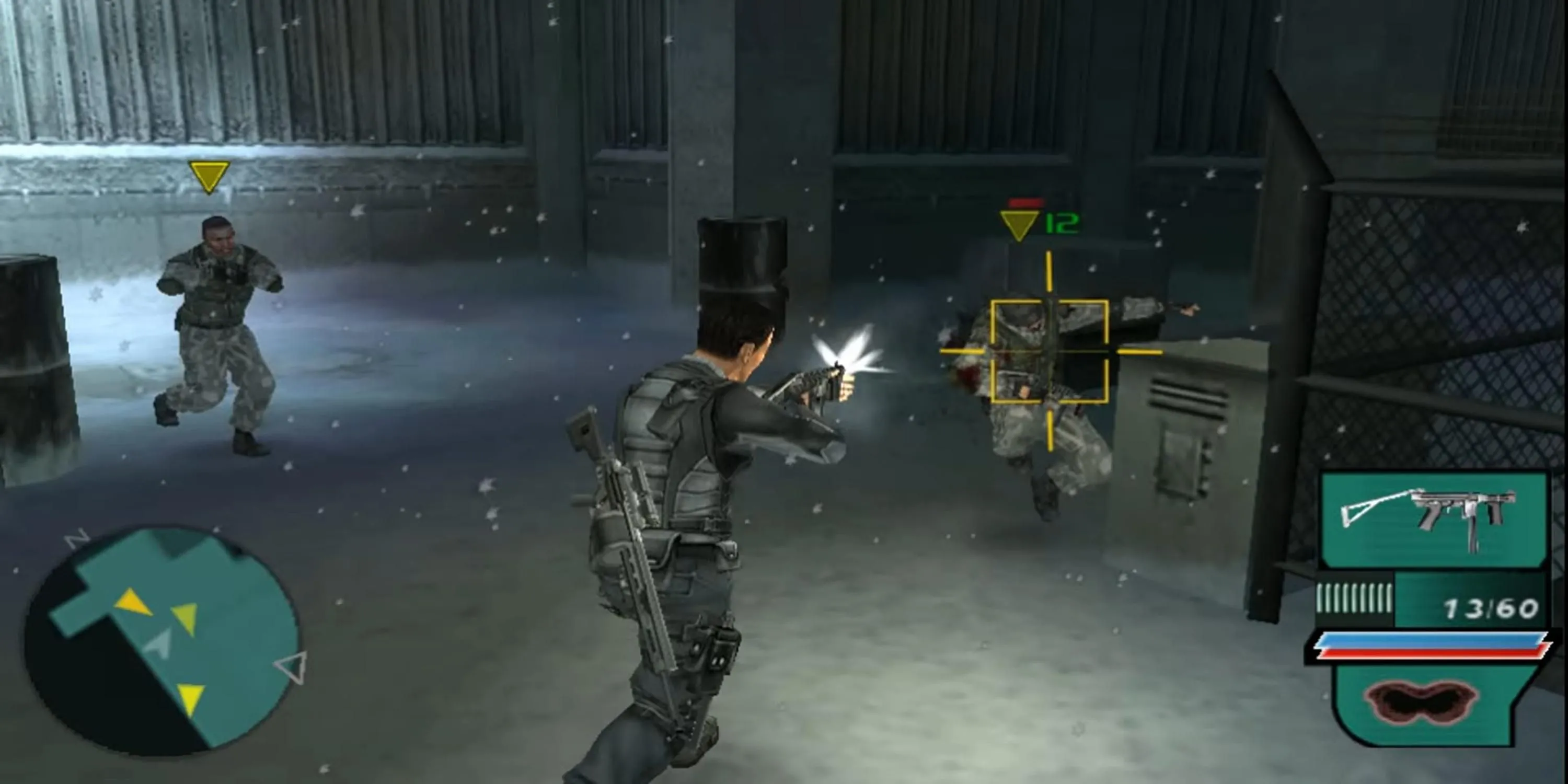 Gabe Logan thực hiện nhiệm vụ bí mật, ngắm bắn kẻ thù trong Syphon Filter Dark Mirror trên PSP