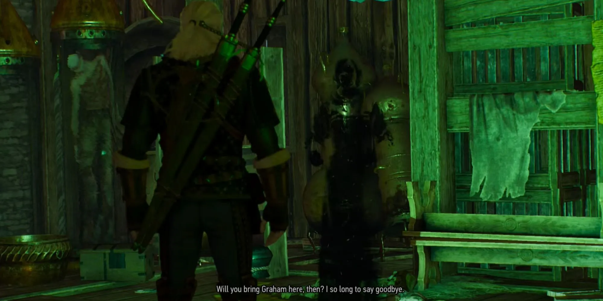 Geralt đang trò chuyện với Annabelle, minh họa cho một nhiệm vụ phụ hấp dẫn trong The Witcher 3.
