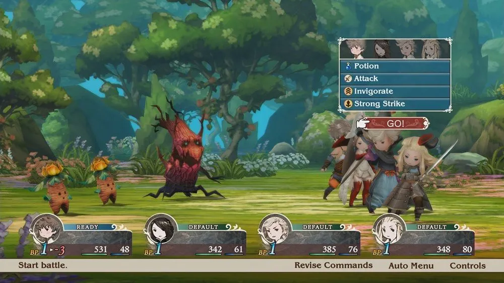 Giao diện chiến đấu theo lượt đặc trưng với cơ chế Brave Default trong Bravely Default Flying Fairy HD Remaster