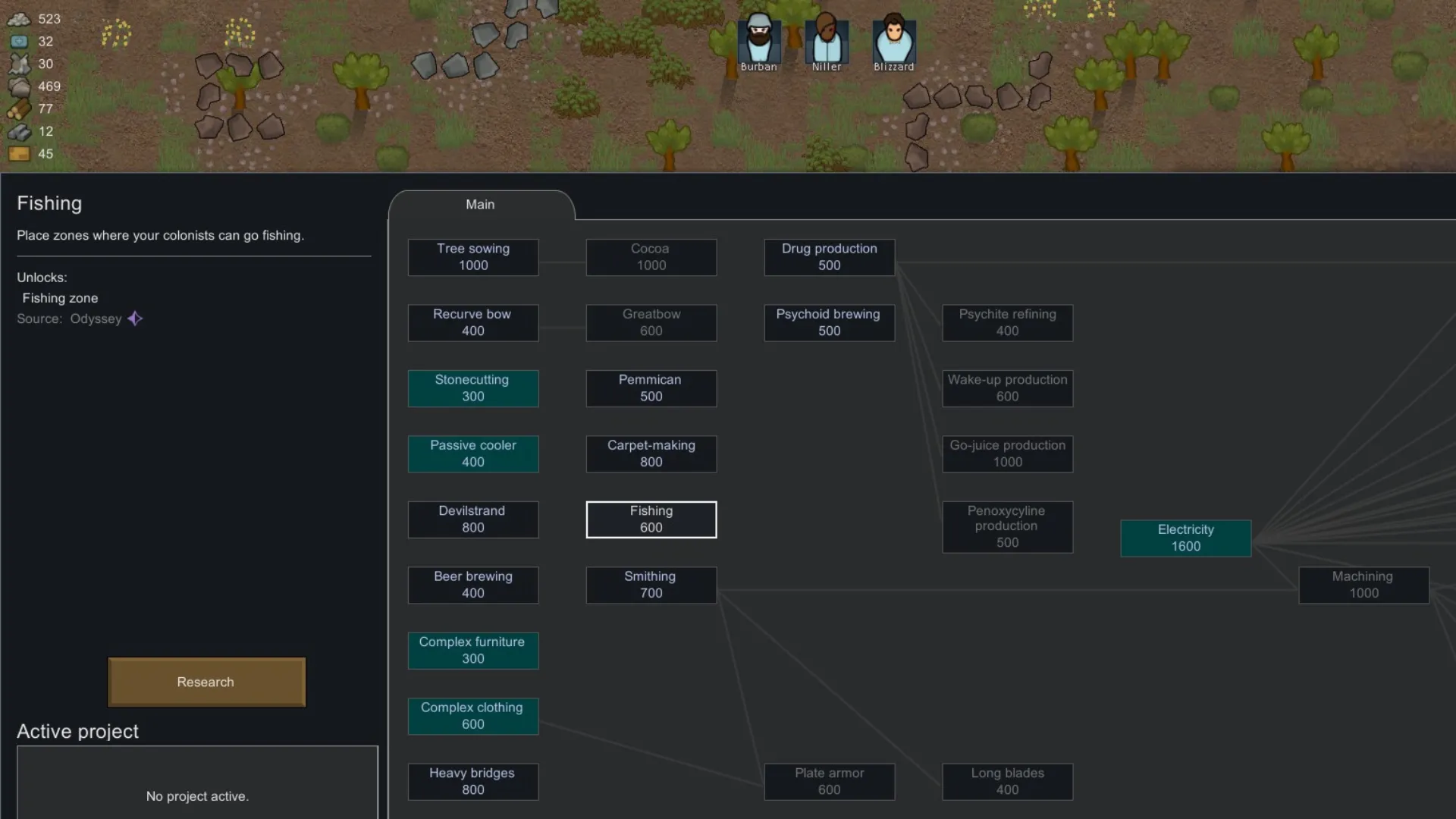 Giao diện nghiên cứu Fishing Node trong RimWorld Odyssey