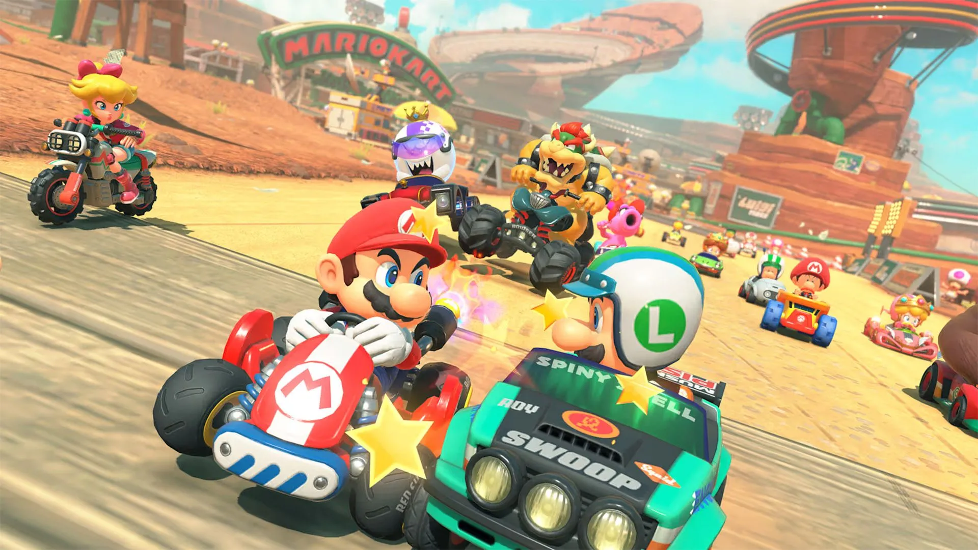 Góc nhìn toàn cảnh thế giới mở trong Mario Kart World khi chờ trận đấu, với các nhân vật tự do di chuyển