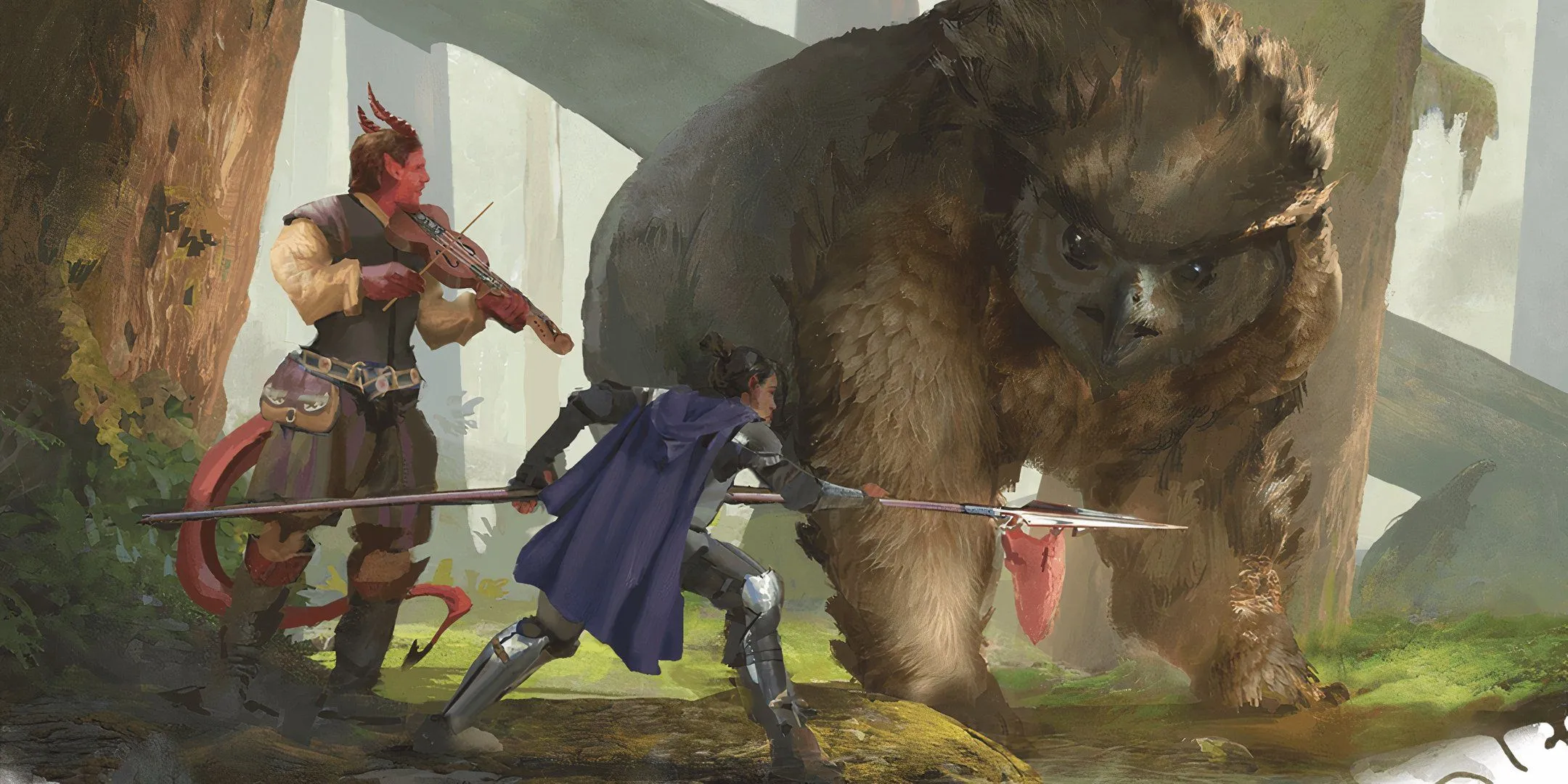 Hai nhà thám hiểm đang đàm phán với một Owlbear, minh họa sự tương tác giữa người chơi cũ và mới trong D&amp;D.