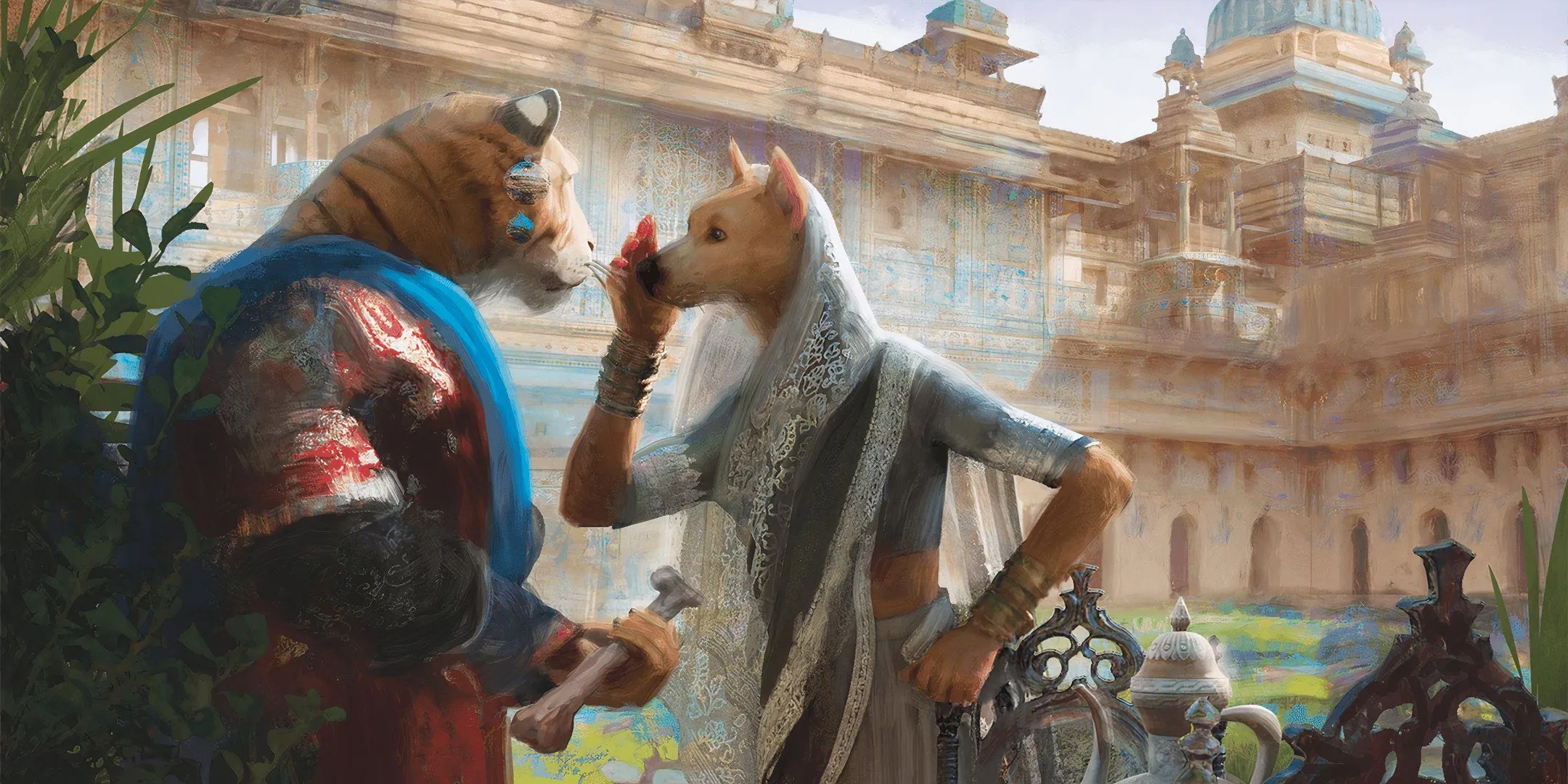 Hai nhân vật animalfolk giao tiếp trong pháo đài Cerulean Citadel, thể hiện tầm quan trọng của đối thoại trong D&amp;D.