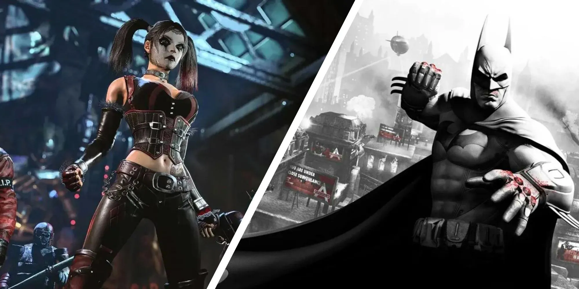 Harley Quinn và Batman với tạo hình đặc trưng trong loạt game Arkham