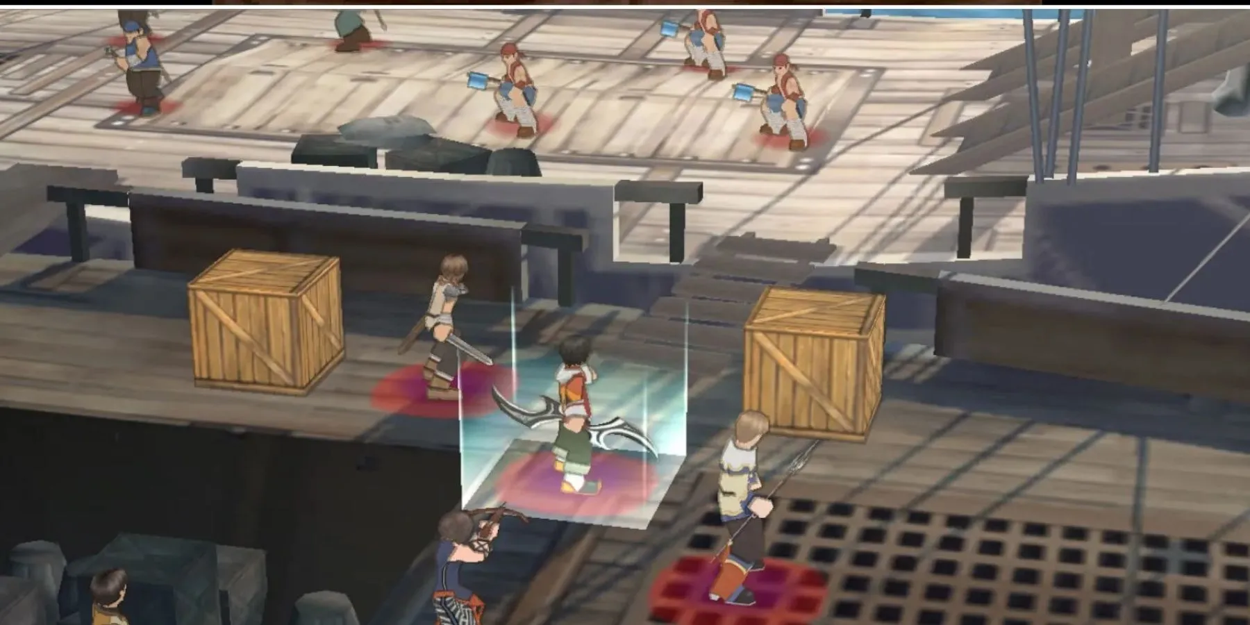 Hệ thống chiến đấu chiến thuật theo lượt isometric đặc trưng của Suikoden Tactics.