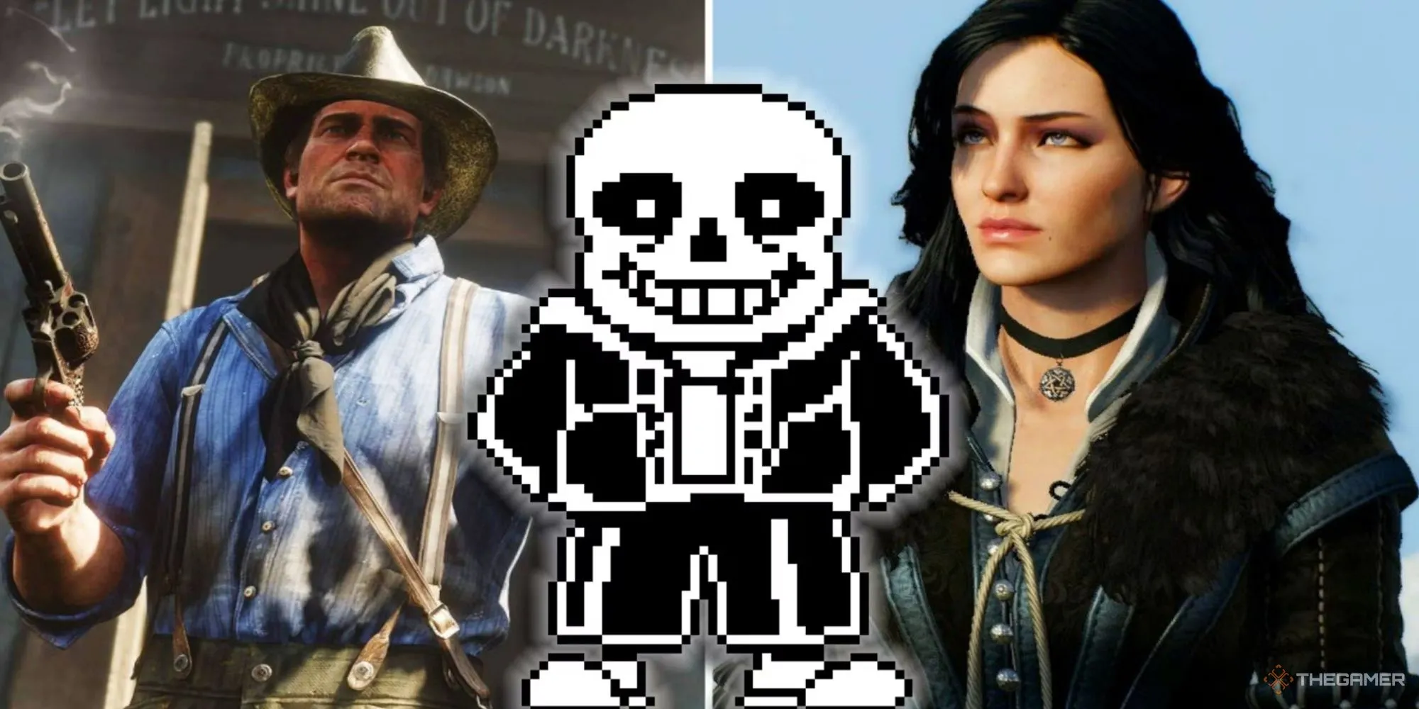 Hình ảnh tổng hợp Arthur Morgan từ Red Dead Redemption 2, Sans từ Undertale và Yennefer từ The Witcher 3 minh họa về những mối quan hệ đặc biệt trong game.