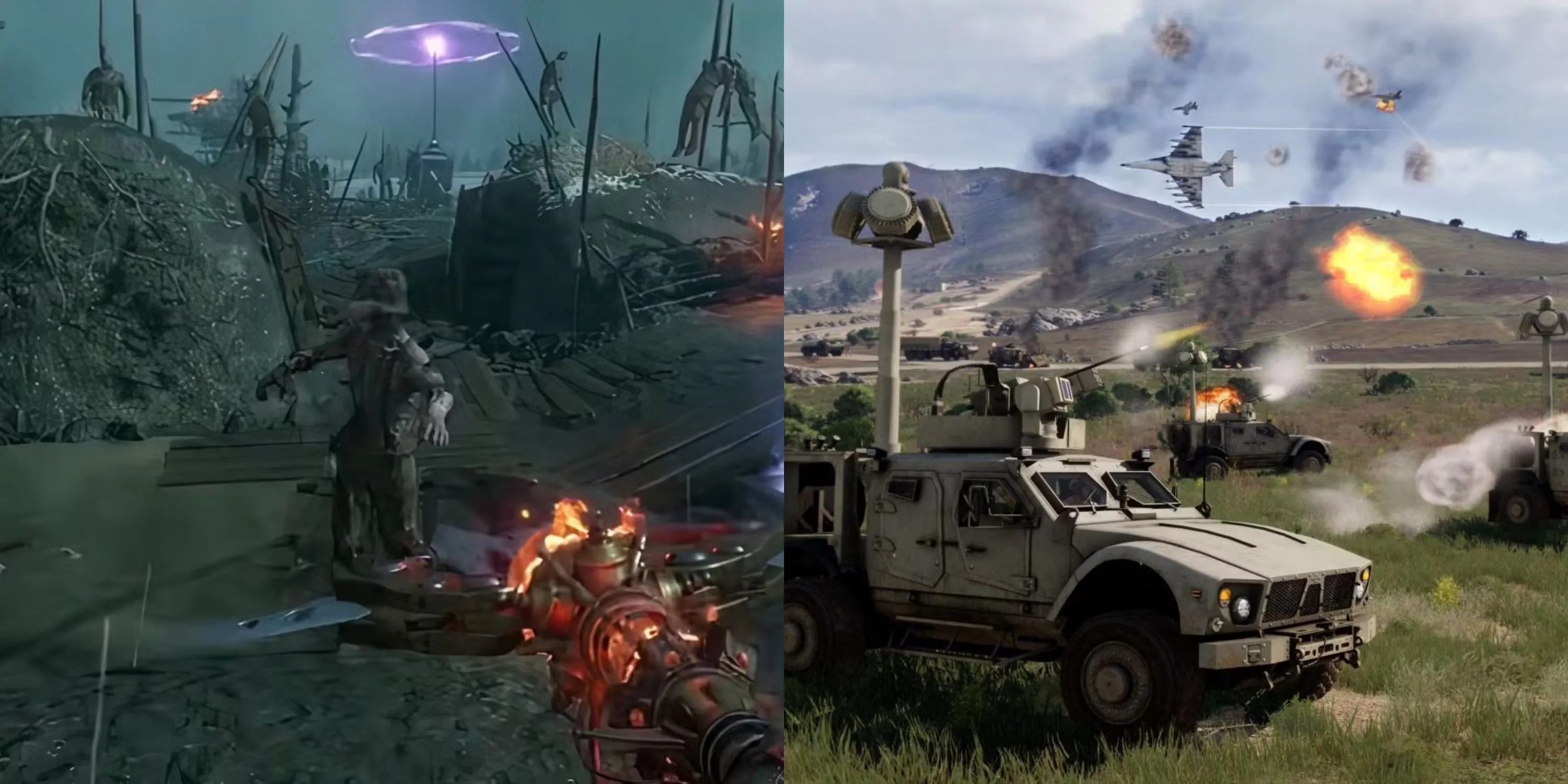 Hình ảnh tổng hợp một người lính bắn zombie trong Call of Duty Black Ops 2 và một chiến trường rộng lớn trong ARMA 3.