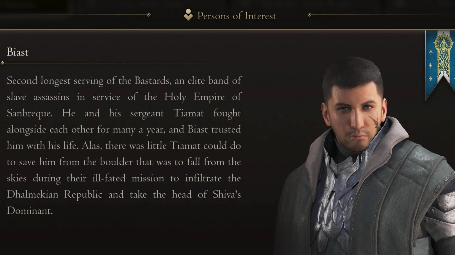 Hồ sơ của Biast thuộc đội Wyverns trong giao diện Persons of Interest của Final Fantasy 16.