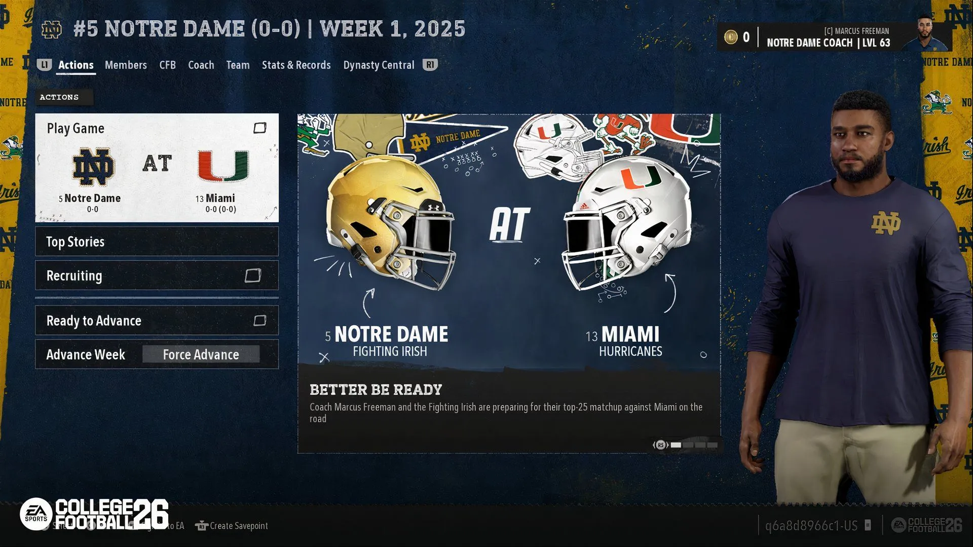 Huấn luyện viên CollegeFootball26Freeman đang đứng chỉ đạo trên sân trong một khung cảnh hùng vĩ của trận đấu