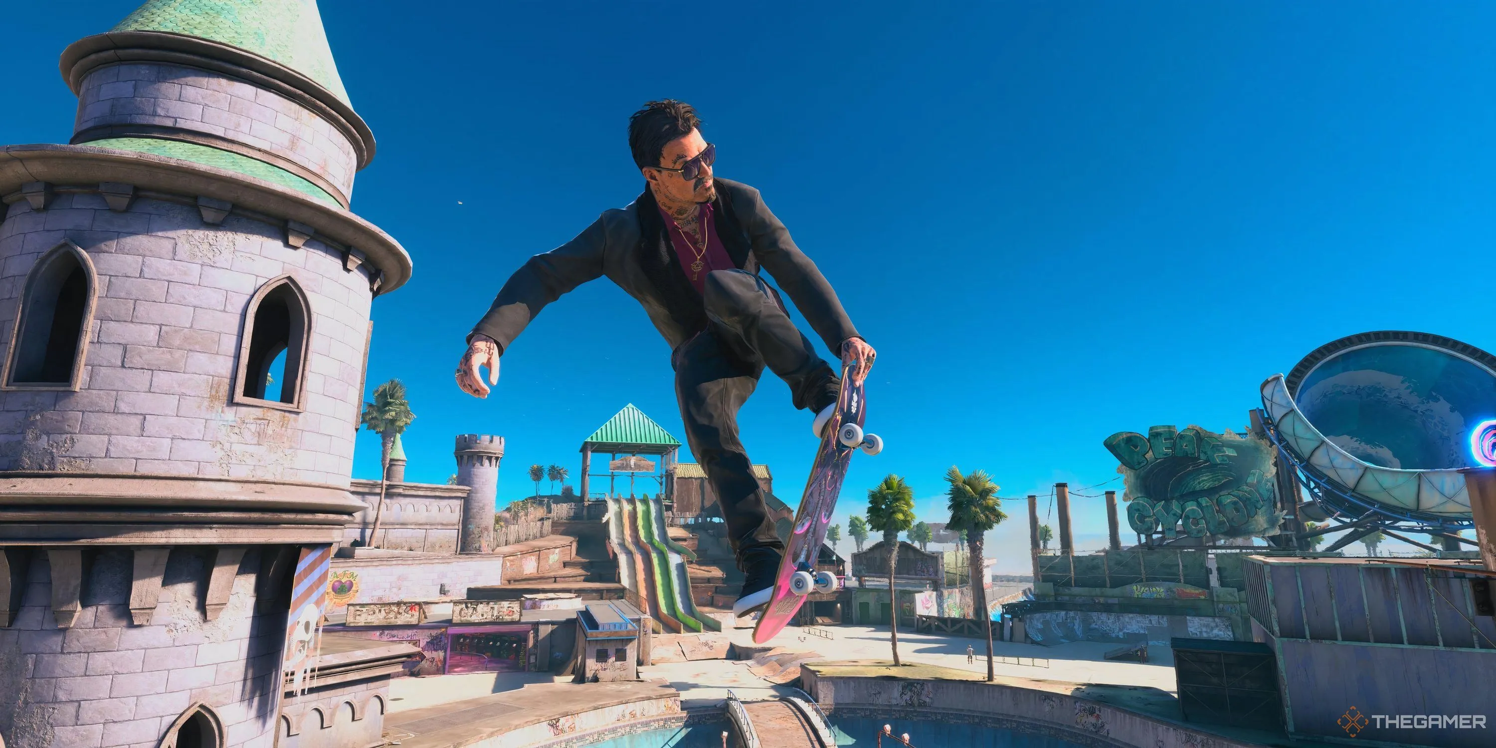 Huyền thoại trượt ván Bam Margera thực hiện cú nosegrab trong màn chơi Waterpark của Tony Hawk's Pro Skater 3+4.