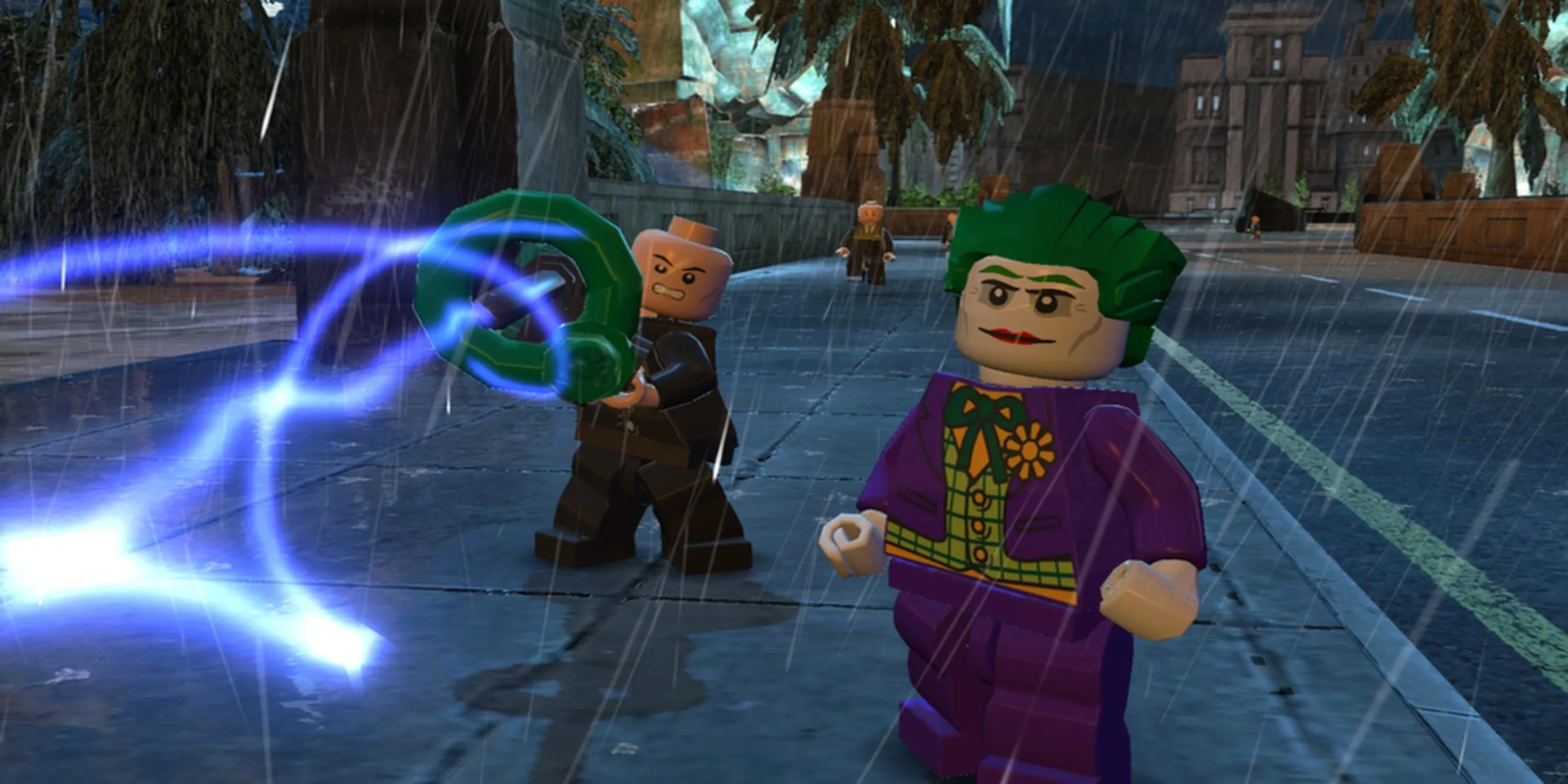Joker và đồng bọn dùng súng laser trên đường phố trong Lego Batman 2 DC Super Heroes