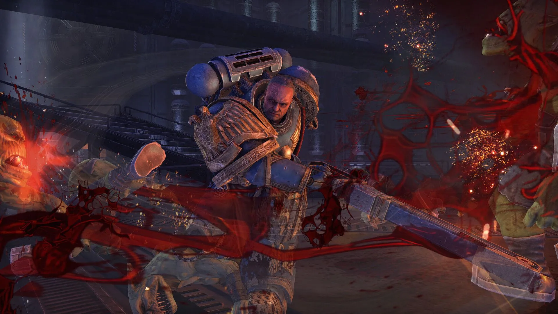 Không gian hành lang công nghiệp với Space Marine tiến bước trong Warhammer 40K