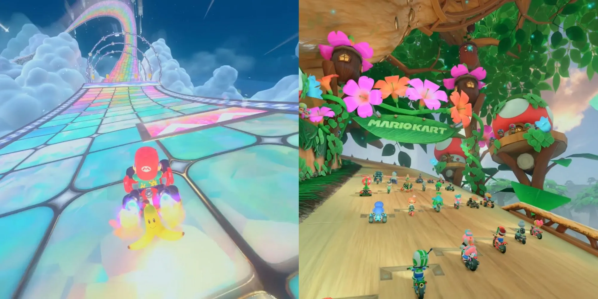 Khung cảnh đẹp của đường đua Cầu Vồng (Rainbow Road) và Đồi Sồi (Acorn Heights) trong Mario Kart World
