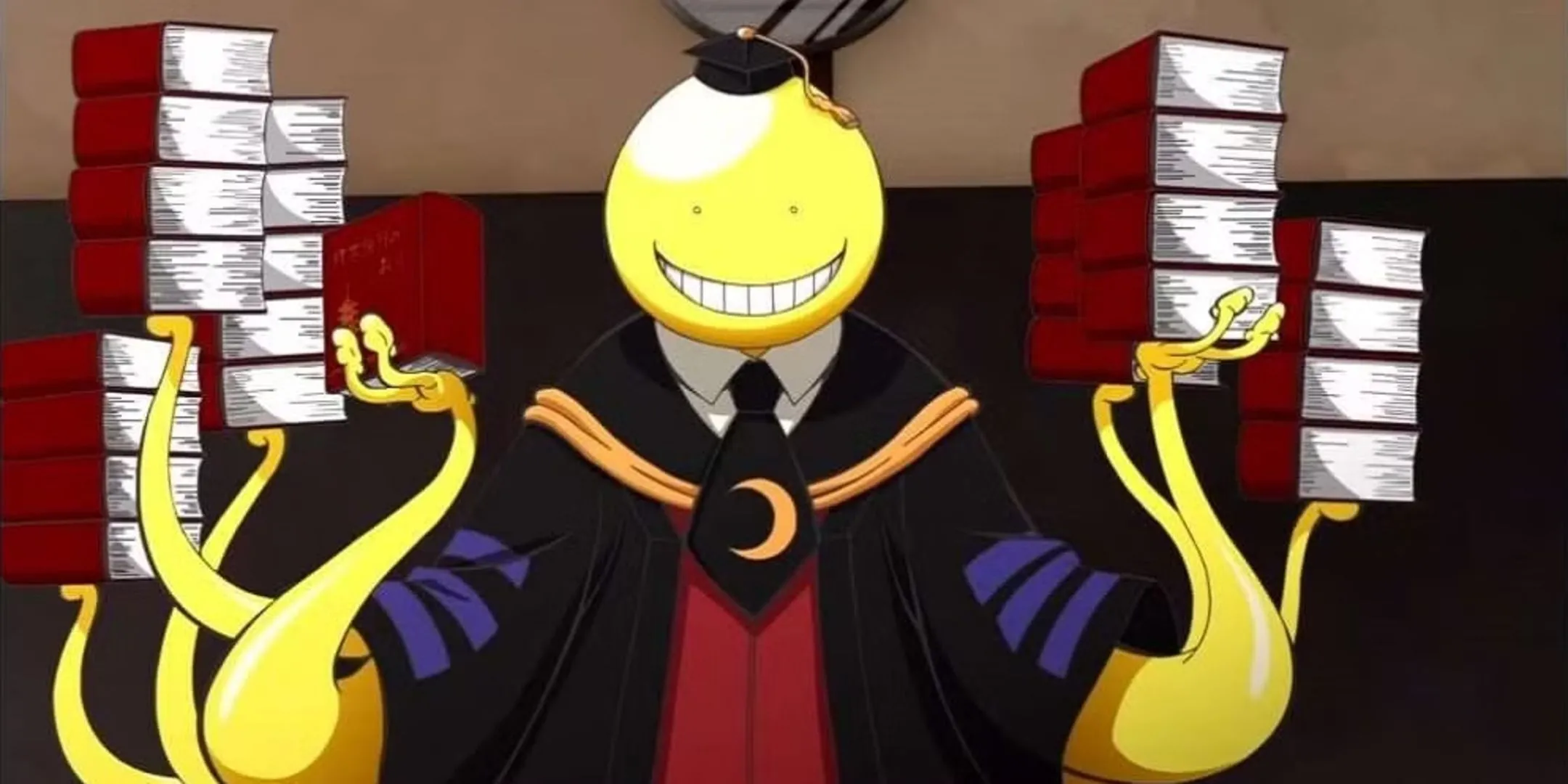 Koro-Sensei với chiêu thức đọc sách siêu tốc bằng xúc tu trong Lớp Học Ám Sát.