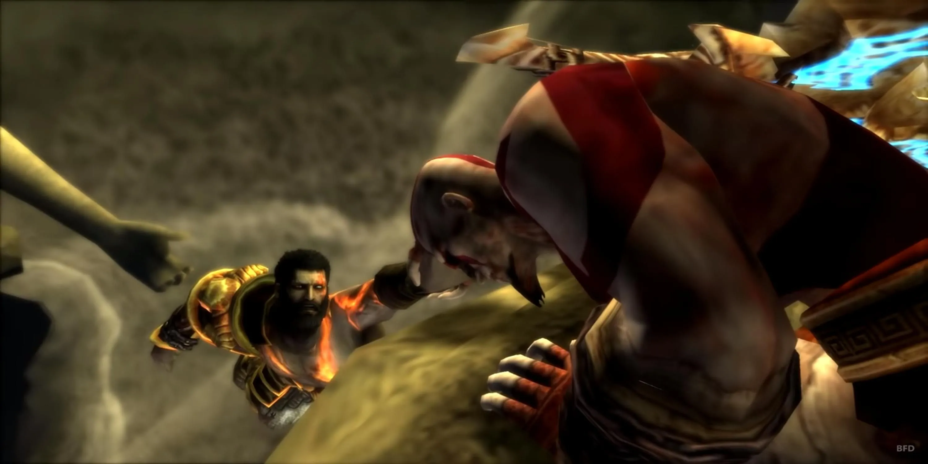 Kratos ôm lấy người em Deimos trong khoảnh khắc đầy bi thương của God of War Ghost of Sparta trên PSP