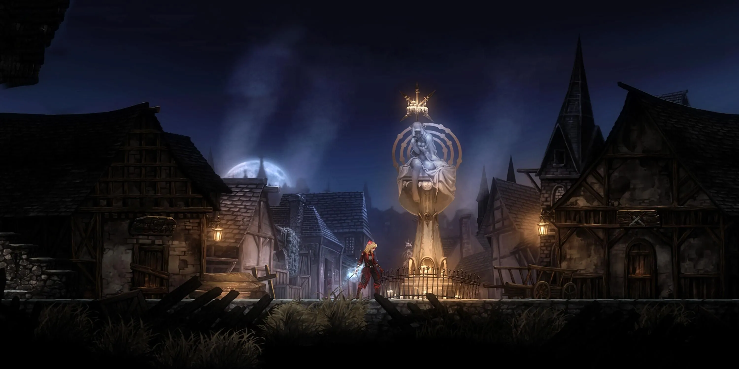 Leila đứng cạnh đài phun nước cổ kính trong Vigil The Longest Night, thể hiện không khí u ám