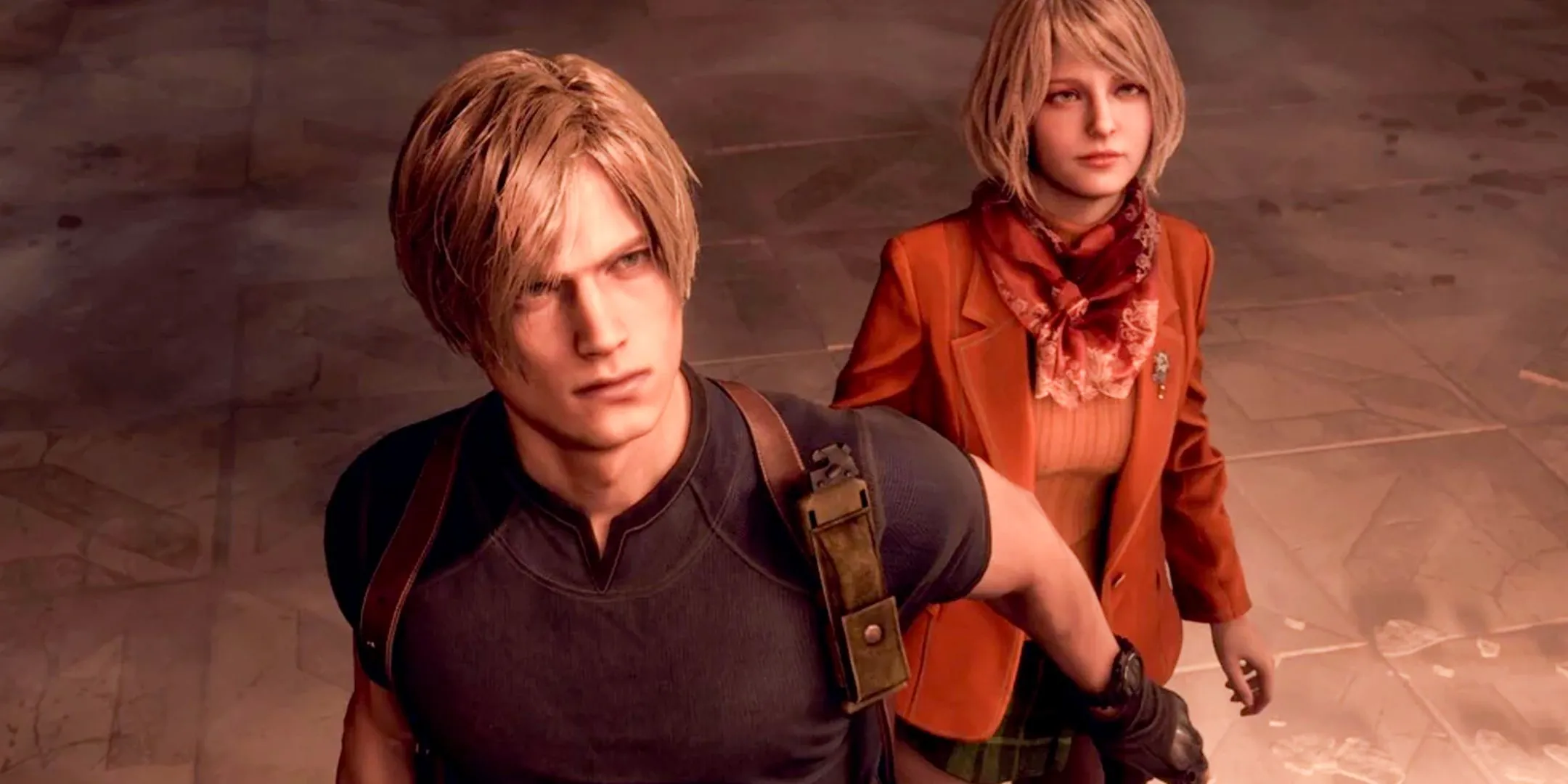 Leon Kennedy giữ Ashley Graham lại trong bối cảnh làng trong Resident Evil 4 Remake