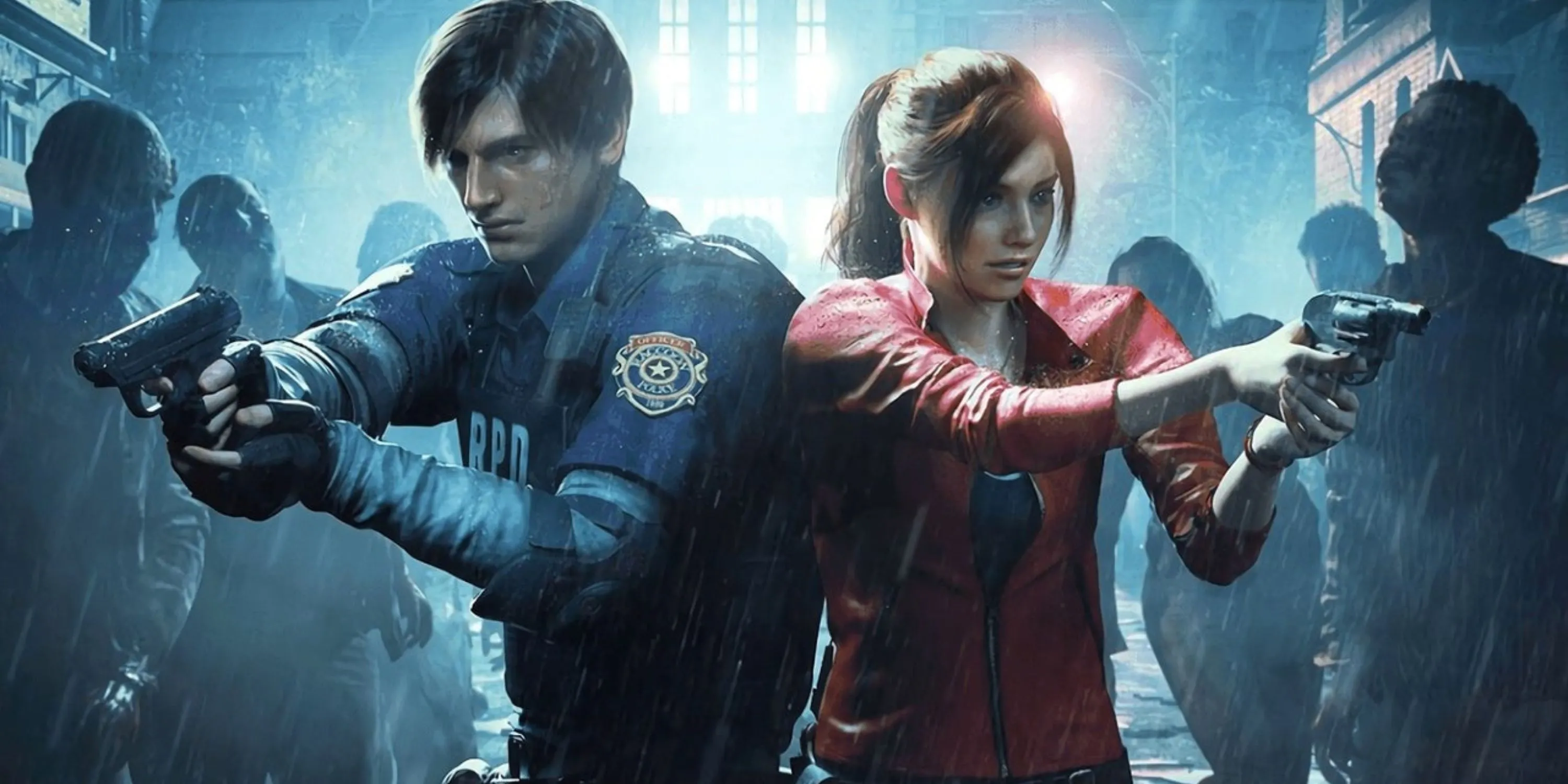 Leon S. Kennedy và Claire Redfield chuẩn bị chiến đấu với zombie trong mưa trong Resident Evil 2 Remake