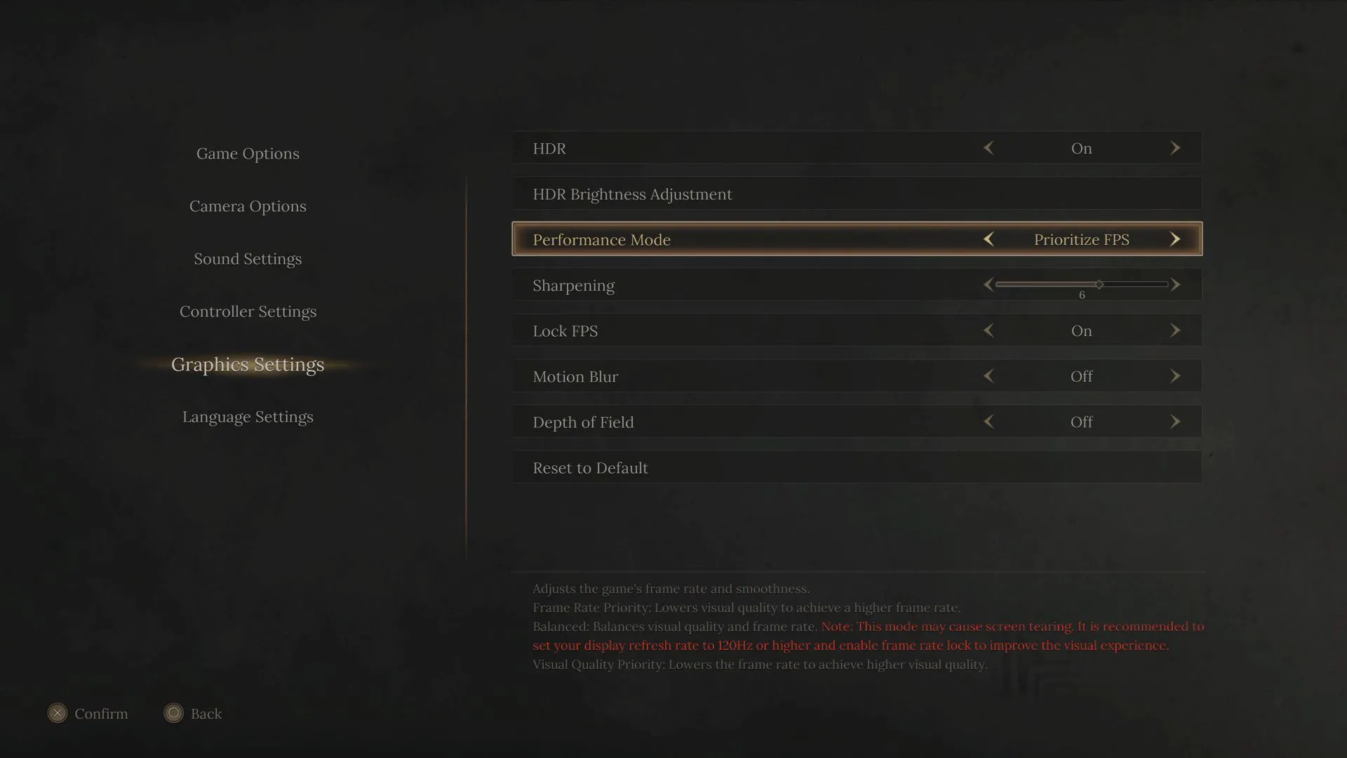 Màn hình cài đặt đồ họa Wuchang: Fallen Feathers trên PlayStation 5, hiển thị các tùy chọn như Prioritize FPS và Balanced.